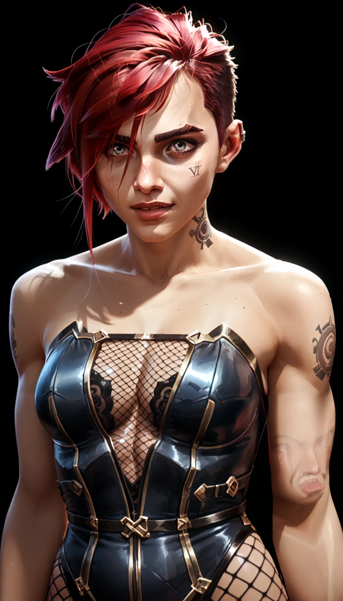 one woman, vi, (grey eyes:1.2), short hair, red hair, (upper body:1.3), (black background, clear background:1.5), (studio lights, deep shadows:1.3), (very big chest, bare shoulders, slender body:1.3), (fishnet bodysuit:1.4), (happy face:1.2)