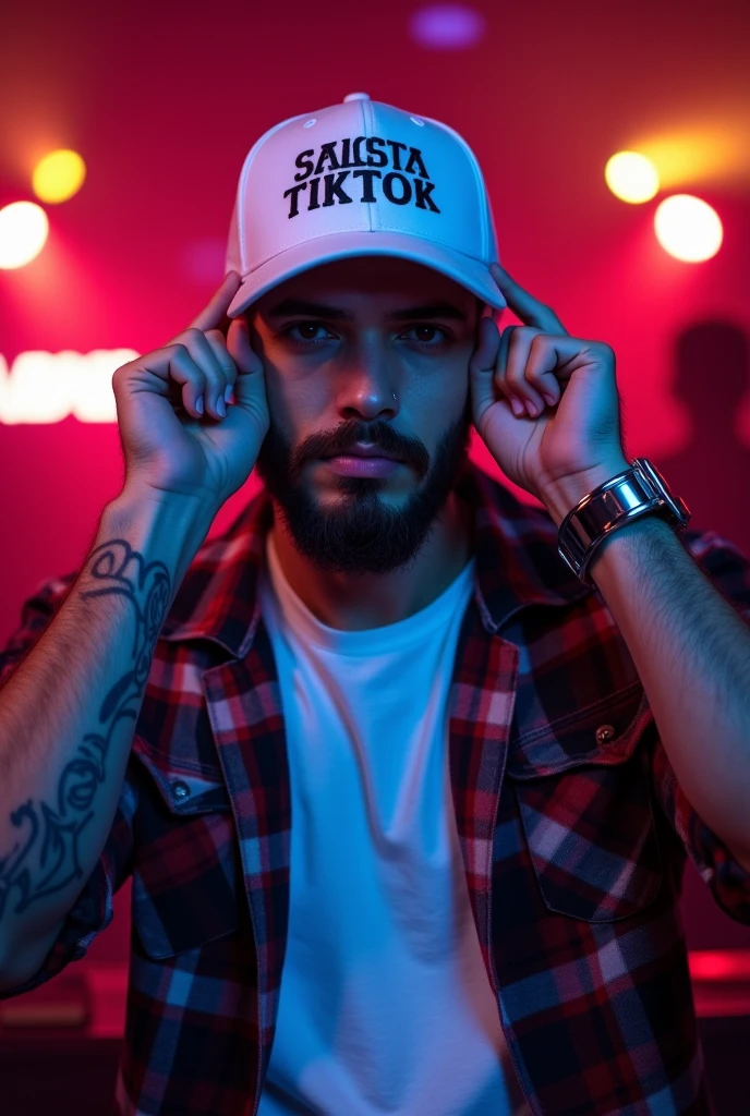 Latin man , Handsome with light brown eyes , beard, Athletic physique , tattooed arms. Posing in a nightclub at night with lots of lights wearing a flannel and a cap that covers his face , The hat is white and has “SALSITA TIKTOK” written on it and the flannel is white and has “SALSITA TIKTOK” written in a photorealistic creative image with a high resolution photo
