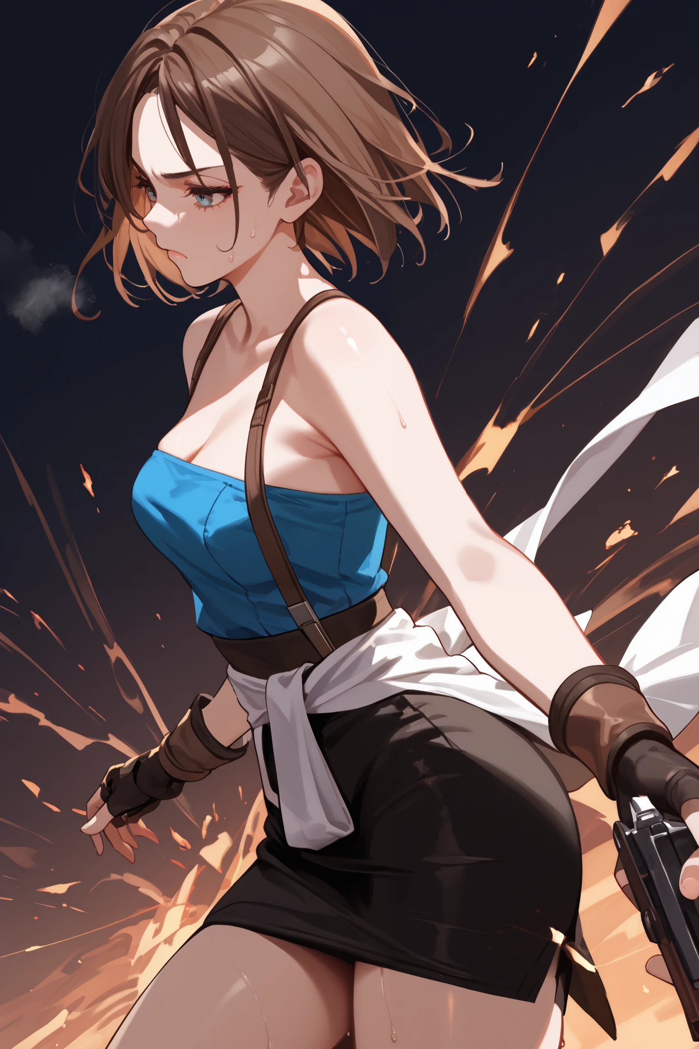 Combat Stance,Feminine thin arms,{{{ slender body}}},E18, score_9, score_8_ up the side, score_7_ up the side, score_6_ up the side, score_5_ up the side, score_4_ up the side, , from behind, score_9, score_8_ up the side, score_7_ up the side, score_6_ up the side, score_5_ up the side, score_4_ up the side,RE3 Jill ,blue tube top , clothes around the waist,Black pencil skirt, Fingerless gloves, Chest, battle pose, Holding Gun , sweat, V-shaped eyebrows, tired, out of breath, ,brown hair,bob cut. beautiful thighs, medium bust