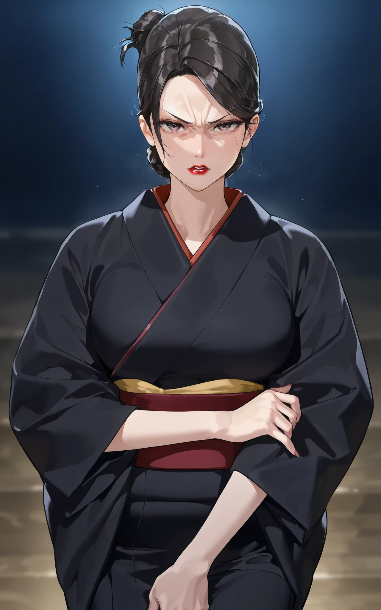 a mature woman standing in ((black kimono)) ,((folded hair bun)) in black color, ((red lips)), standing straight loking at viewer directly , ((front view)) angry expression
