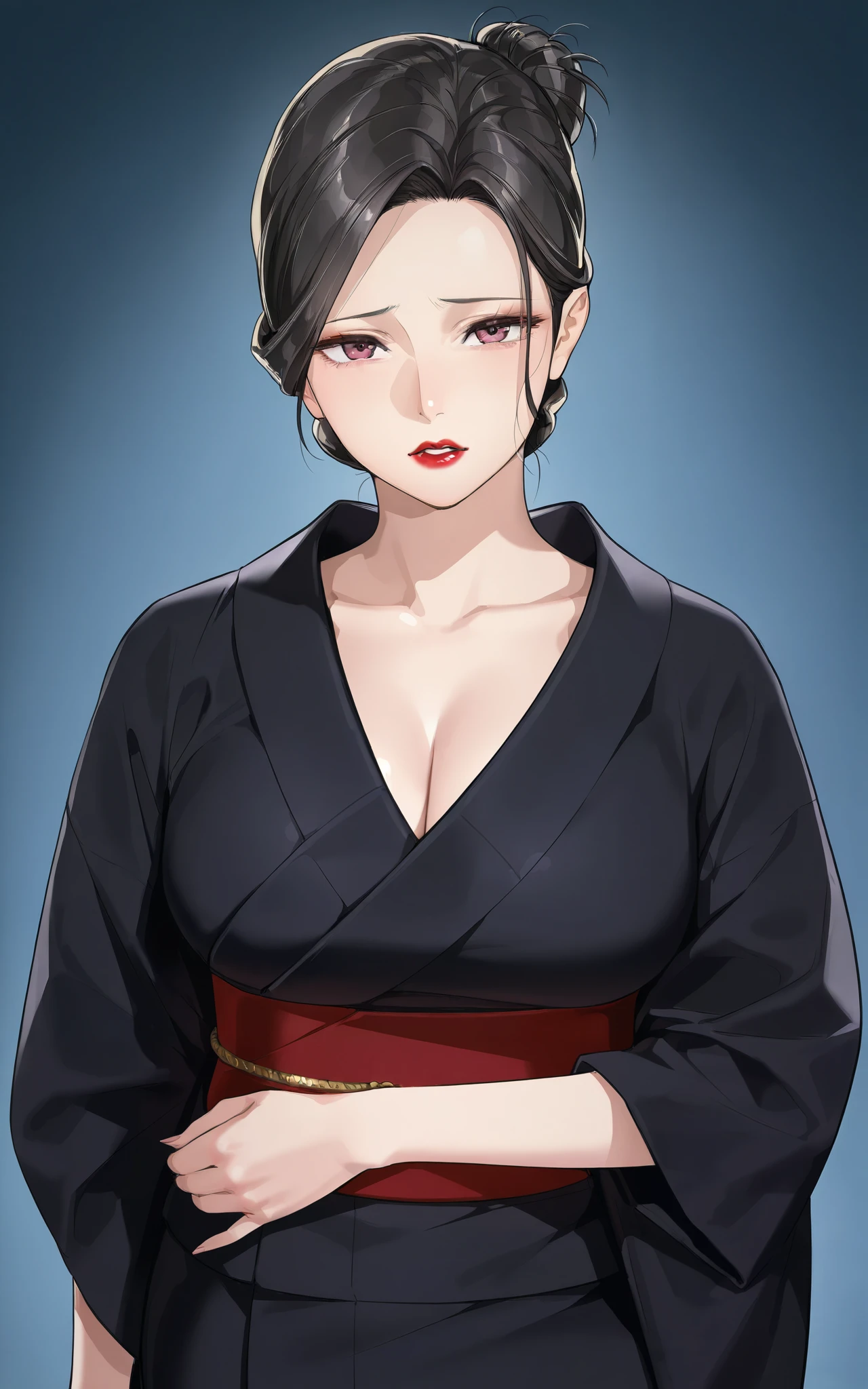 a mature woman standing in  ((black kimono)) with white aporon ,((folded hair bun)) in black color, ((red lips)), standing straight loking at viewer directly , ((front view)) fear expression