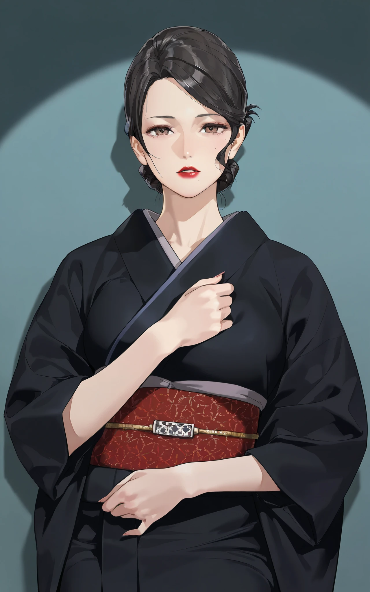 a mature woman standing in ((black kimono)) ,((folded hair bun)) in black color, ((red lips)), standing straight loking at viewer directly , ((front view))