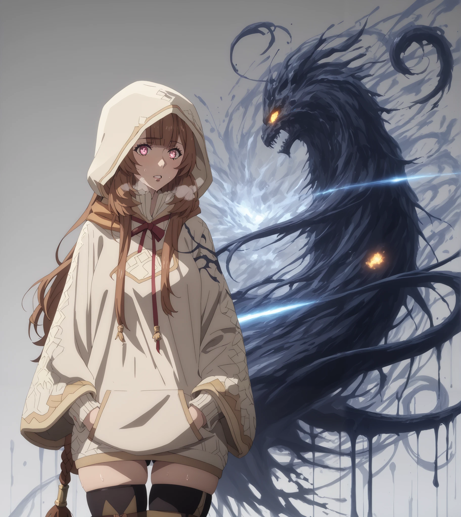 takahiro style, score_9, score_8_up, score_7_up, score_6_up, uncensored, raphtalia, long hair, bangs, brown hair, animal ears, raccoon ears, raccoon tail, raccoon girl, pink eyes, large breasts, bright pupils, anime coloring, anime screencap, (voluptuous:1.3), (thick:1.3), BREAK UHD, retina, masterpiece, accurate, anatomically correct, textured skin, super detail, high details, high quality, award winning, best quality, highres, 4K, excessive sweating, sweating, sweating drop, (gasping, heavy breathing:1.3), (skindentation:1.2), perfect eyes, beautiful eyes, eyelashes, makeup, detailed body, perfect body, BREAK, (aura:1.4), hood, 1girl, hoodie, hands_in_pockets, hood_up, eldritch_abomination, teeth, cowboy_shot, ((monster)), solo, shorts, long_sleeves, standing, grey_background, parted_lips, gradient, white_hoodie, gradient_background