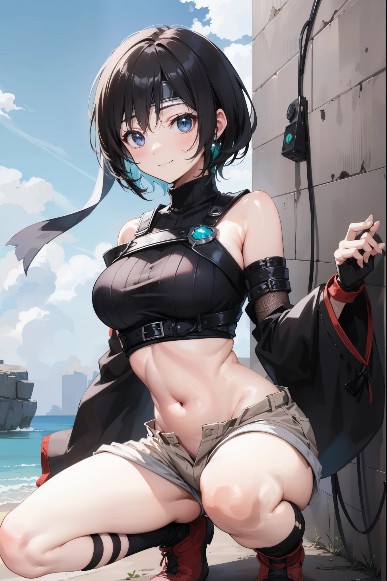 masterpiece, middle ages, battlefield, rubble, Devastation, Black Hair, blunt bangs, short hair, Ahoge, blue eyes, ((((white micro bikini armor)))), 1boy, open mouth, , front, abs, front, arms behind head, (((Small breasts))),ring))), fang, ((smile)), (((scared))), grin, sweat 