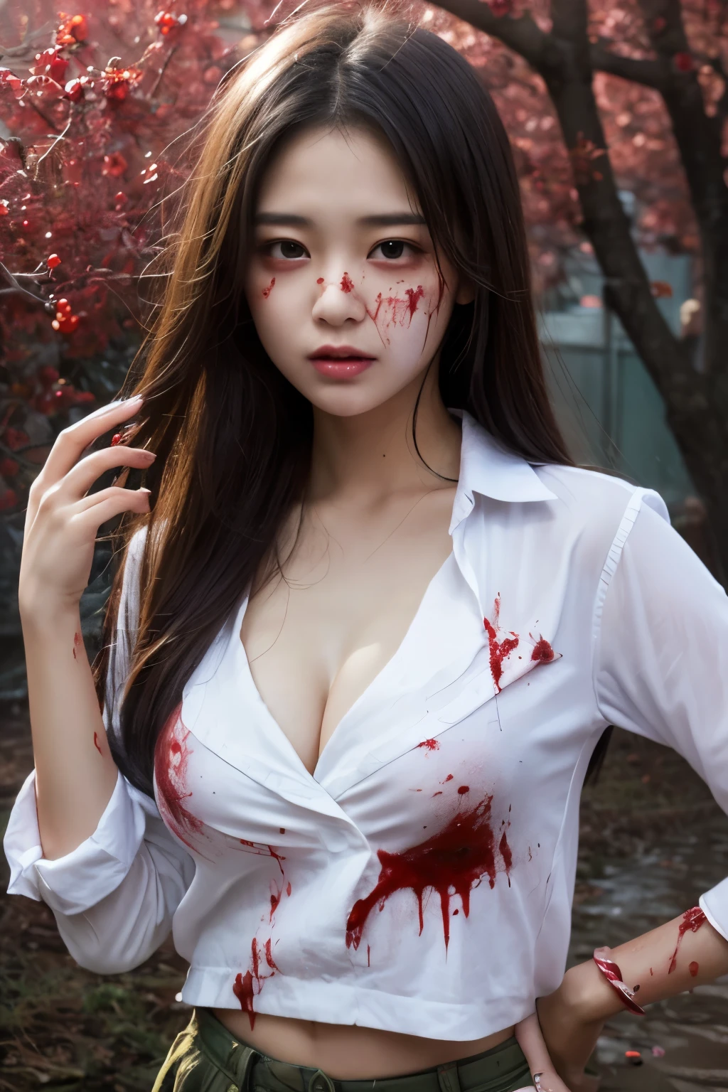 Highest quality, masterpiece, look up, Upper Body, cute,(Horror),(((Female beautiful zombie))),Dead,(((Bleeding,Injured))),(((Shedding tears of blood))),(Covered in blood),(y),(sex((Completely naked)rse,nurse,mini skirt),Baby Face,Black Hair,(((Large breasts))),urbation))),Bee,((Pale skin)),(Sensual look),Embarrassed,Sexy表情,Expressions of delight,rk atmosphere,fear),((Dim lighting))