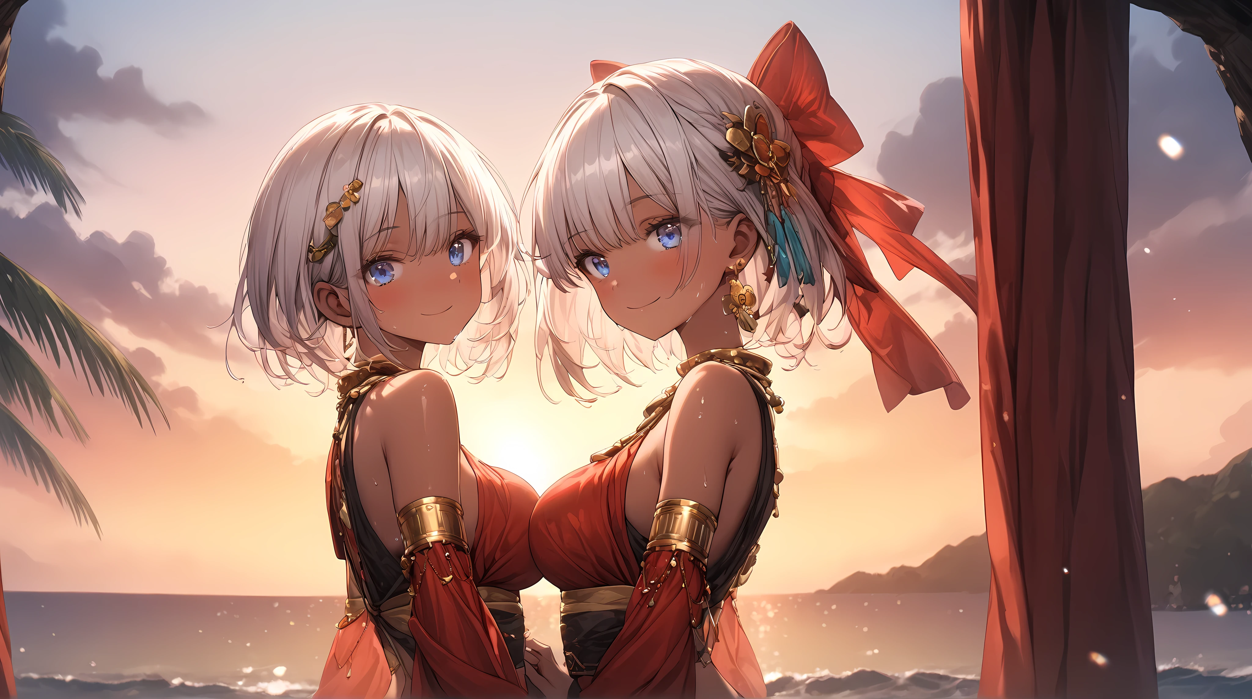 chibi,cute,adorable, 2girls, couple, hugging, (masterpiece, best_quality, ultra-detailed, immaculate:1.3), epic, illustration, 1girl, feet out of frame, fierce barbarian huntresstoned, (armor:1.3), leather pauldrons, , (celtic tattoos:1.4), goldenrod hair, Emo Cut,parted bangs, legs up, japanese, in a winery, in in the deep Korean ocean, bombshell hair, white hair, hair bun, tail hug<lyco:EnvyCuteMix12:1>