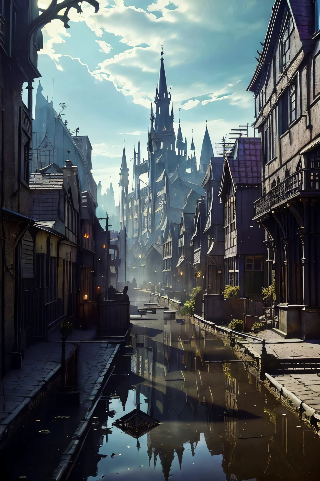 ((best quality)), ((masterpiece)), extremely detailed, delicate texture, aesthetic gothic collection, general term for (gothic architecture, art, fashion, literature, thought, style, and culture), cityscape, background heretical and mysterious light that illuminates the darkness, gothichorrorai, ((victorian era inspired)), ((gothic architecture)), ((street level)), ((pedestrian perspective)), ((a street level view of a dense slum like residential district of a gothic city)), ((the dark underbelly of the city)), ((the city proper rises and looms over like a canopy)), ((a mixture of rickety wood building structures and an older more permanent stone city foundation)), ((wooden walkways criss-cross above)), (the buildings rise up out of view), (the street before us is extemely narrow with a trickle of water and sewage runnoff flowing down the centre of the street)