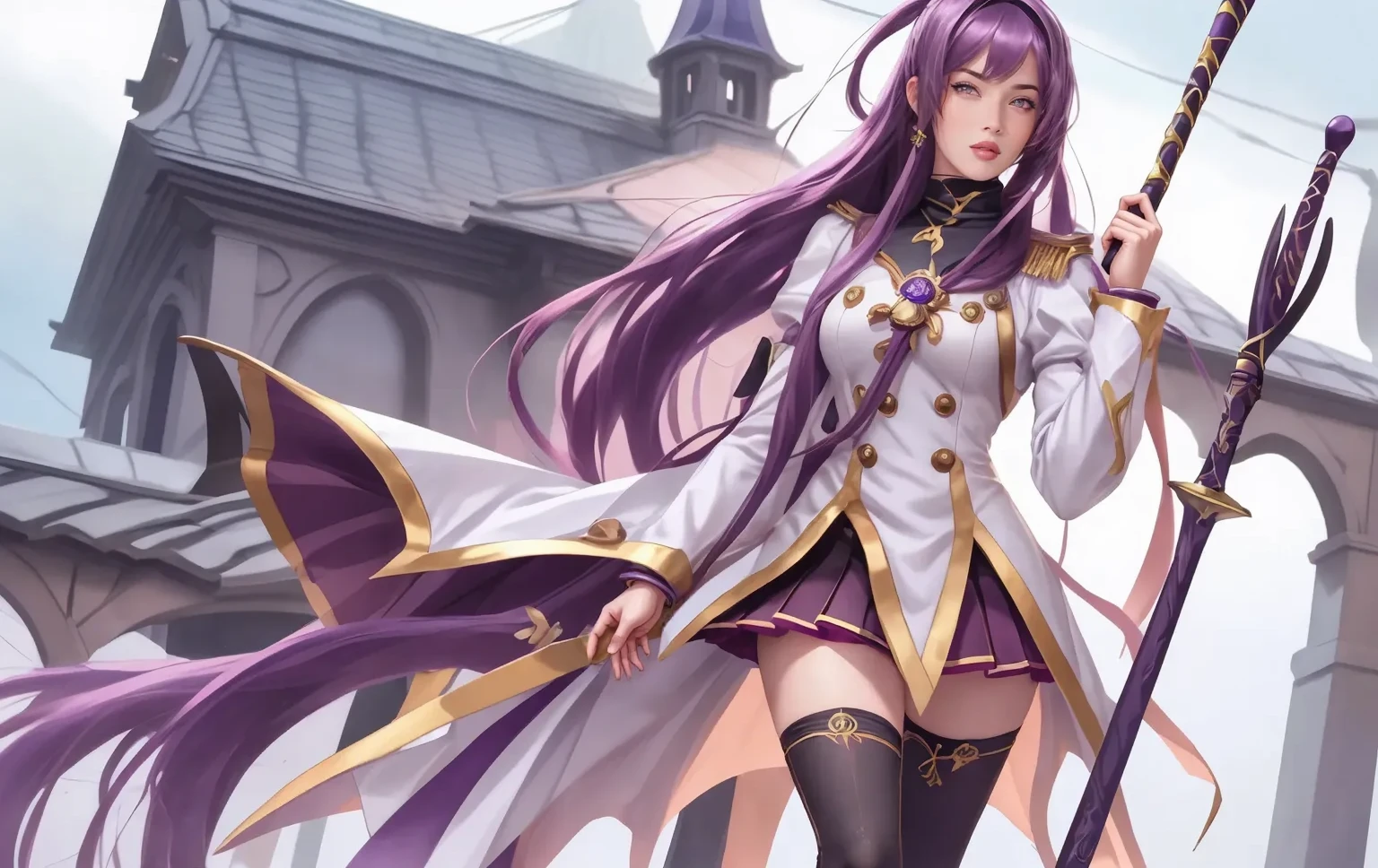 (highest resolution, distinct_image) superb, masterpiece, high detail, semi-realistic, Dishonored 2, a very beautiful woman, solo, normal handsome stance, purple long hair, curly hair, pink eyes, smiling, 18 years old, young , tall and strong, white military uniform, trousers, military pants, military boots, military uniform, military school, confident, gentle, beautiful, cute, standing on the castle, patrolling