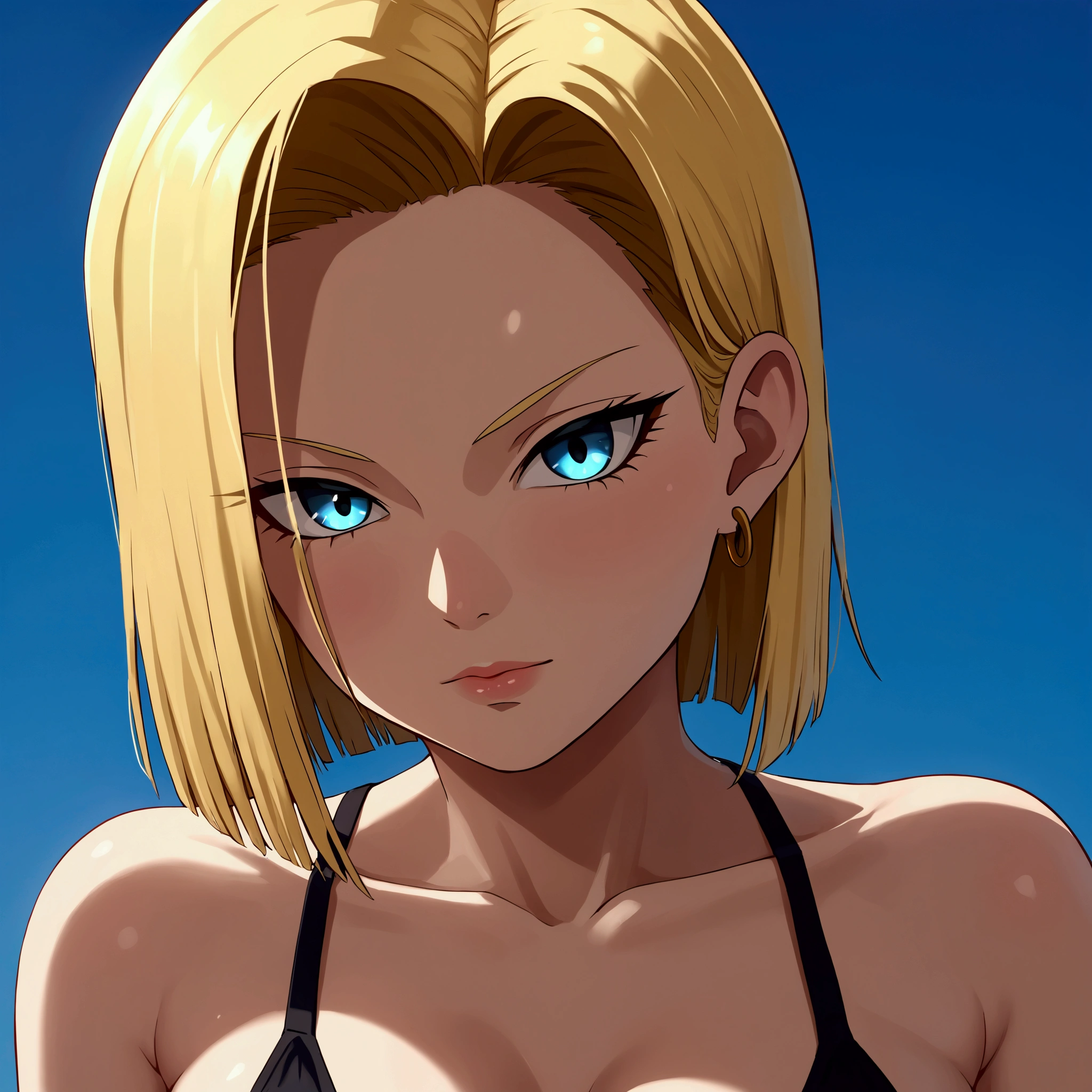 Android 18, ( upper body closeup shot ), ( Bokeh effect ), very seductive, seductive pose, smiling, cute, very cute, ultra high definition, masterpiece, ultra high quality, ultra detailing, 8k, in a see through bikini, white bikini, wet, off shoulder, wet white bikini