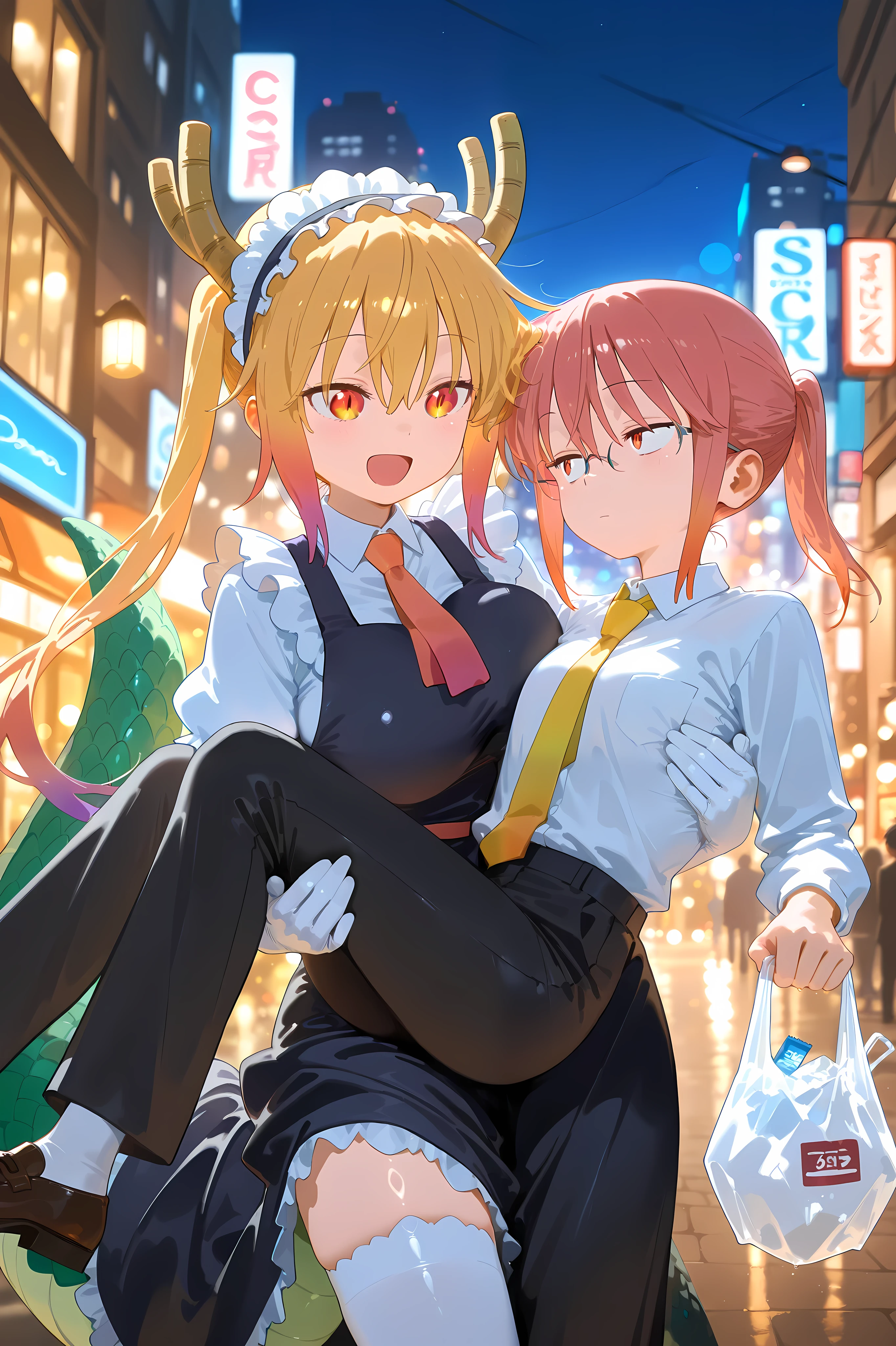 masterpiece, best quality, amazing quality, multiple girls, 2girls, tohru \(maidragon\) \(maid, maid dress, white gloves, maid appron, red necktie, dragon horns, dragon tail, large tail, smile, :d, frilled skirt, long skirt, white thighhighs\), kobayashi \(maidragon\) \(glasses, :|, expressionless, white shirt, yellow necktie, ((black pants)), flat chest, holding bag\), plastic bag, carrying person, princess carry, highres, absurdres, street, city background, night, night sky, depth of field, bokeh, hyper-detailed, dim lights, SFW