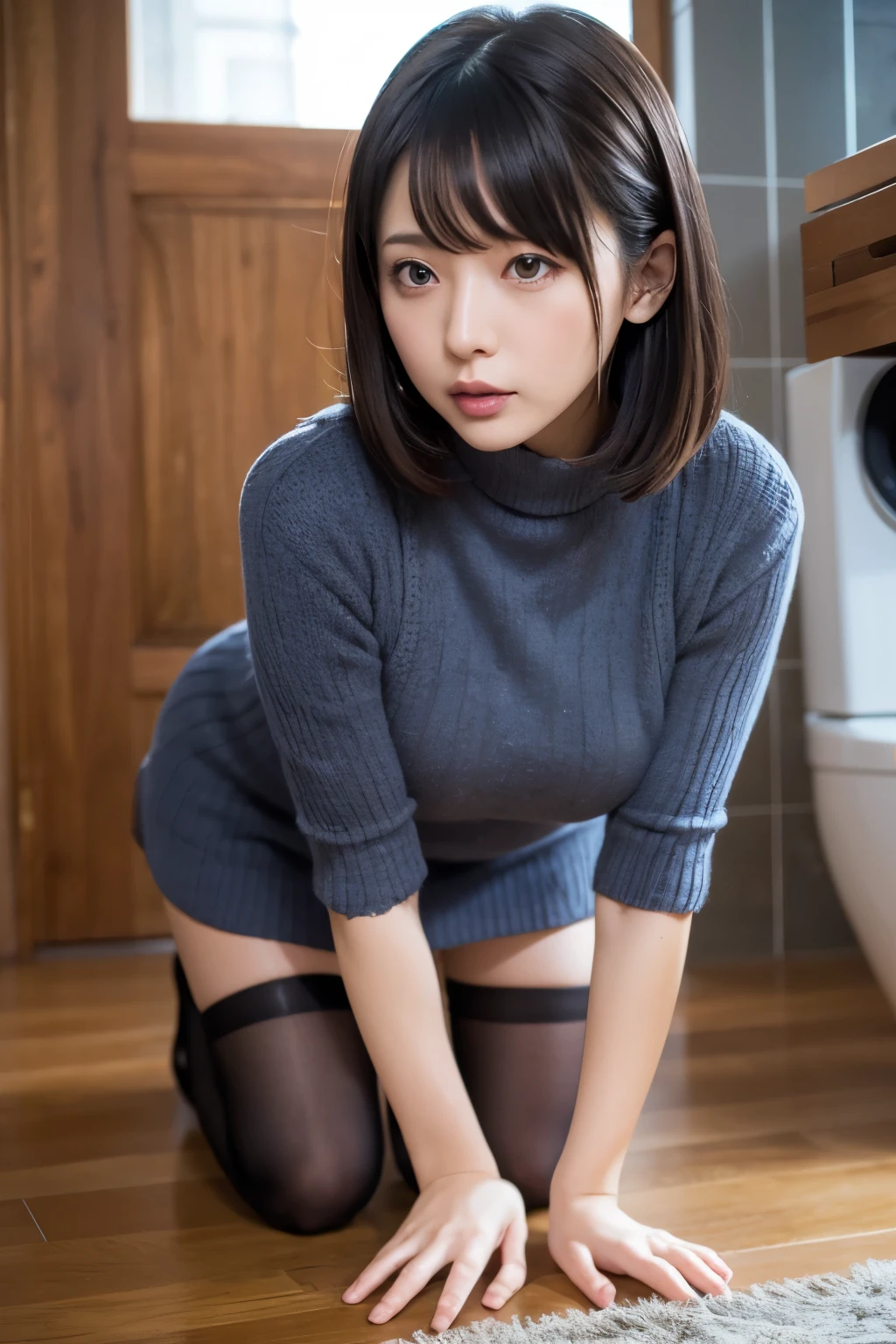 tmasterpiece,best qualityer,1girll,sitted,Lower breast,at the kitchen