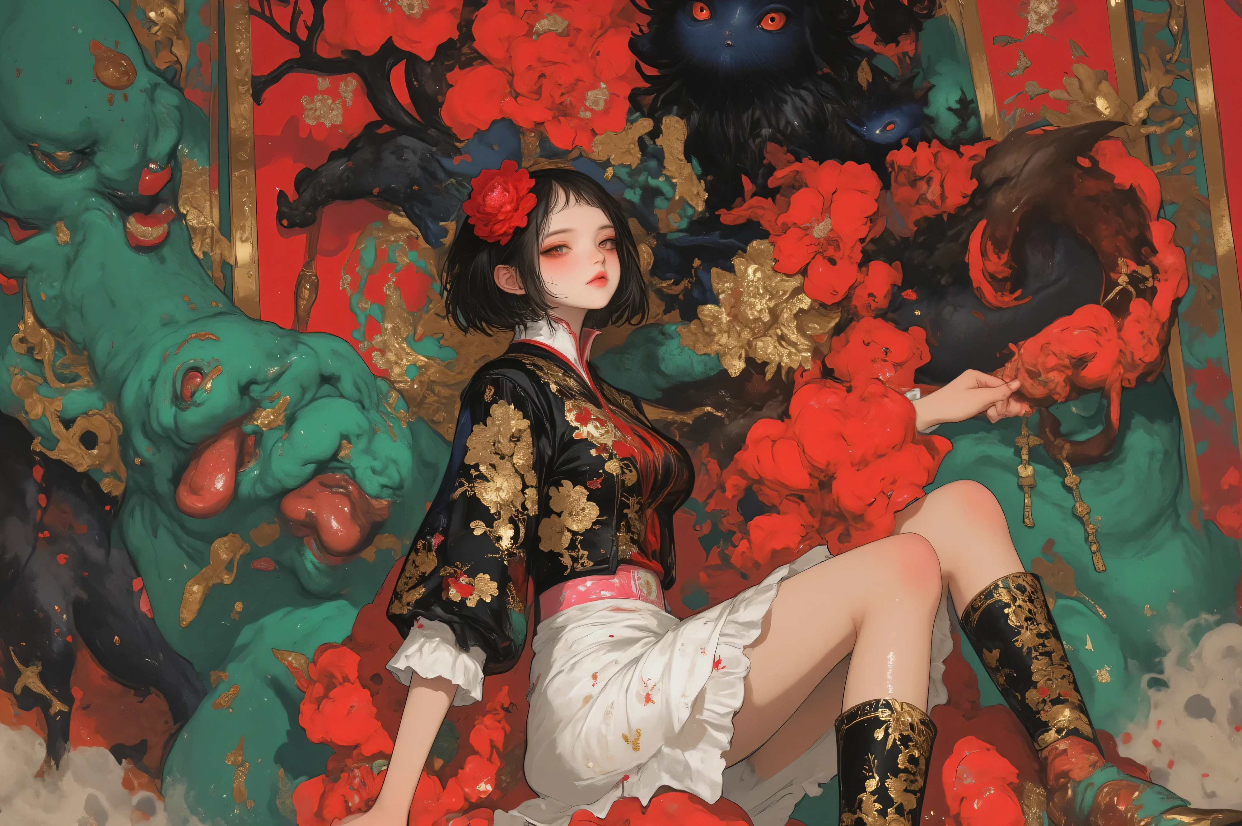  (super realism, masterpiece:1.2, best quality:1.2, extremely detailed, absurdres, very aesthetic, Sensual and realistic skin and body), full body:1.5, standing, Leaning forward), ((1girl\beautiful eyes, beautiful lip:1.2, beautiful skin:1.2, black hair, bob cut, big red ribbon, She wears a large camellia hair ornament in her hair, Japanese style kimono mini skirt, long-sleeved kimono, The skirt has large white frills at the hem, beautifully embroidered frills, Beautiful Pink and black waistband, Black and white striped knee-high socks:1.3, Wearing high geta:1.3, holding a megaphone, singing loudly, One leg is standing on a box, thigh is exposed)) BREAK (red & black & yellow & green Roll of cloth)