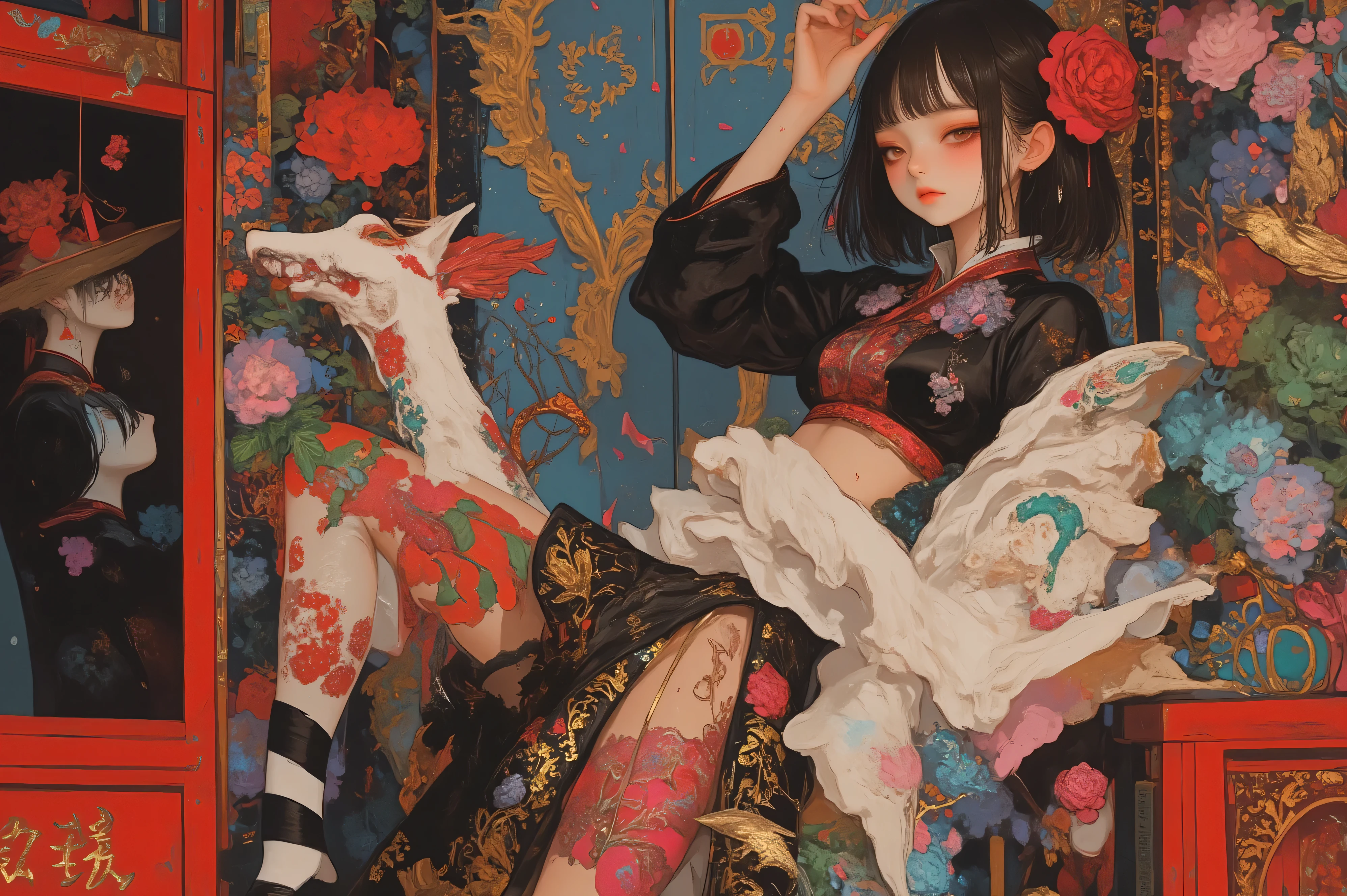 (super realism, masterpiece:1.2, best quality:1.2, extremely detailed, absurdres, very aesthetic, Sensual and realistic skin and body), full body:1.5, standing, Leaning forward), ((1girl\beautiful eyes, beautiful lip:1.2, beautiful skin:1.2, black hair, bob cut, big red ribbon, She wears a large camellia hair ornament in her hair, Japanese style kimono mini skirt, long-sleeved kimono, The skirt has large white frills at the hem, beautifully embroidered frills, Beautiful Pink and black waistband, Black and white striped knee-high socks:1.3, Wearing high geta:1.3, holding a megaphone, singing loudly, One leg is standing on a box, thigh is exposed)) BREAK (red & black & yellow & green Roll of cloth)