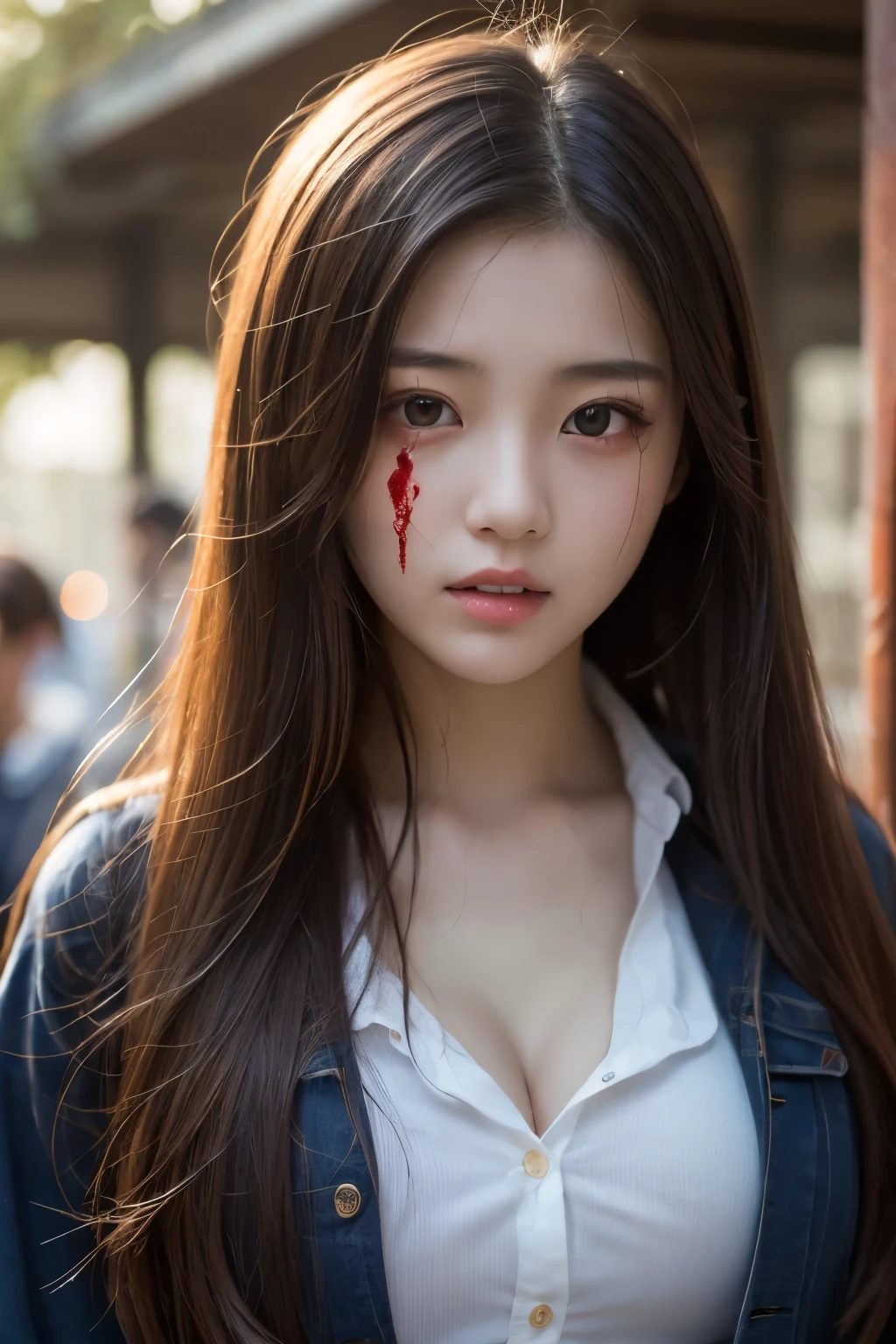 Shot in right chest，Blood gushed out.，shot in the chest，Blood gushed out，The bullet holes are deep，Blood flows down the body，The clothes were soaked with blood，Bullet holes are clearly visible，圆形The bullet holes are deep，blood spatter，Breasts stained with blood，Wound ulceration，Shot in right chest，Blood spurts out.