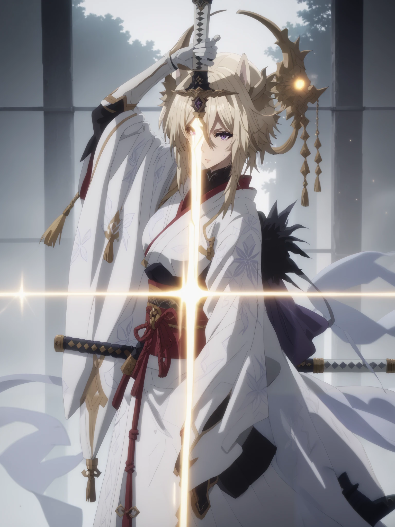 score_9, score_8_up, score_7_up, score_6_up, uncensored, zeta, ((animal ears)), purple eyes, blonde hair, large breasts, anime coloring, anime screencap, BREAK UHD, retina, masterpiece, accurate, anatomically correct, textured skin, super detail, high details, high quality, award winning, best quality, highres, 4K, excessive sweating, sweating, sweating drop, (gasping, heavy breathing:1.3), perfect eyes, beautiful eyes, eyelashes, makeup, detailed body, perfect body, BREAK, 1girl, sword, weapon, solo, japanese_clothes, katana, holding, looking_at_viewer, kimono, holding_sword, holding_weapon, glowing, white_kimono, wide_sleeves, sheath, long_sleeves, sash, obi, horns, closed_mouth, standing, tori, japanese architecture