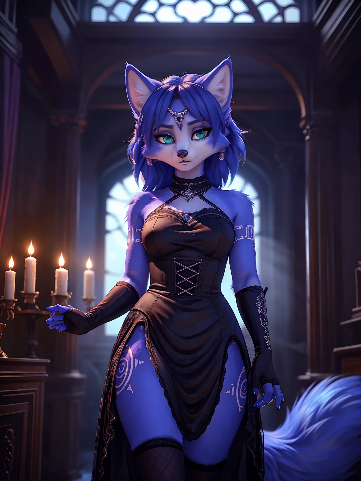 a picture of ((krystal)), Star Fox krystal, lovable, green eyes, medium breasts, (((Long blue hair 1.3))), Decollete, anthro, furry, Uploaded E621, detailed fluffys fell, (von Fluff-Kevlar, Bayard Wu, Pino Daeni), detailed face, (fluffy), 1 girl, alone, sweet girl, attracted, (((black coat))), (((black jeans:1.3))), (((chemise:1.3))) , detailed fur, (Kirchenruine, destroyed church, abandoned church), detailed light, Night color palette, Night pastel soft light, candles,