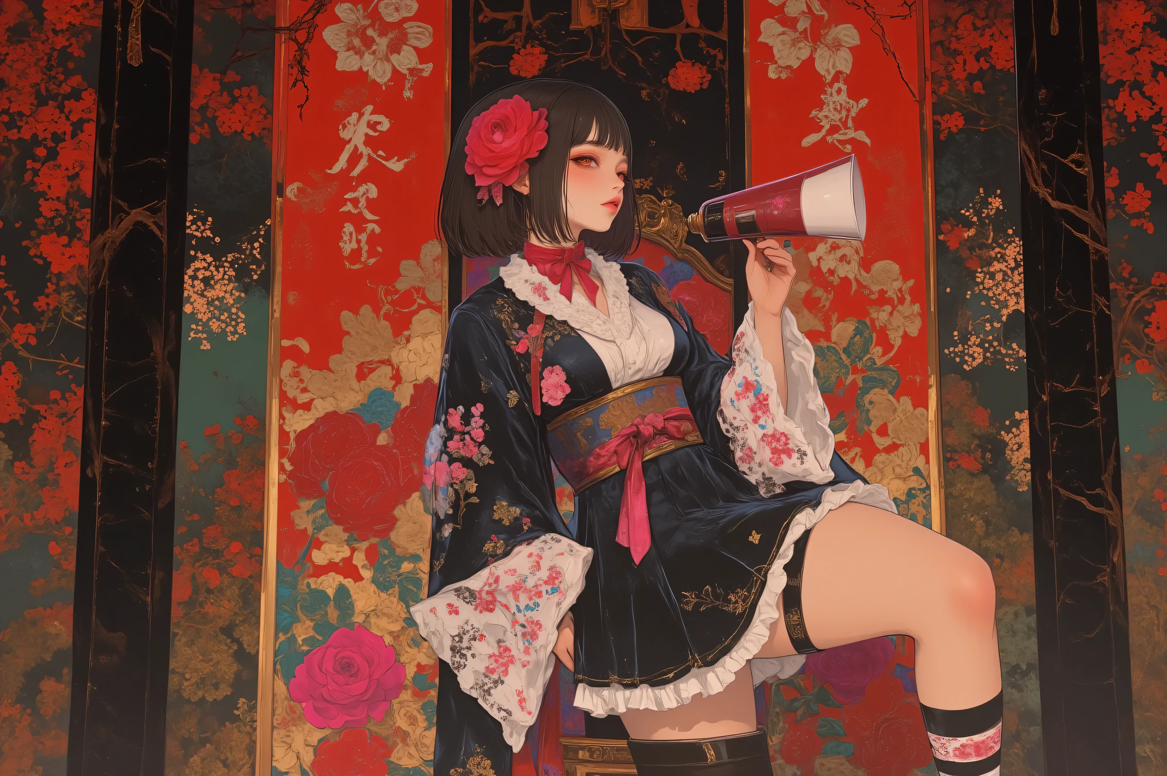  (super realism, masterpiece:1.2, best quality:1.2, extremely detailed, absurdres, very aesthetic, Sensual and realistic skin and body), full body:1.5, from front:1.5, standing, Leaning forward), ((1girl\beautiful eyes, beautiful lip:1.2, beautiful skin:1.2, black hair, bob cut, big red ribbon, She wears a large camellia hair ornament in her hair, Japanese style kimono mini skirt, long-sleeved kimono, The skirt has large white frills at the hem, beautifully embroidered frills, Beautiful Pink and black waistband, Black and white striped knee-high socks:1.3, Wearing high geta:1.3, holding a megaphone and singing loudly, One leg is standing on a box, thigh is exposed)) BREAK ((anime effects)), red & black & yellow & green back ground:1.3