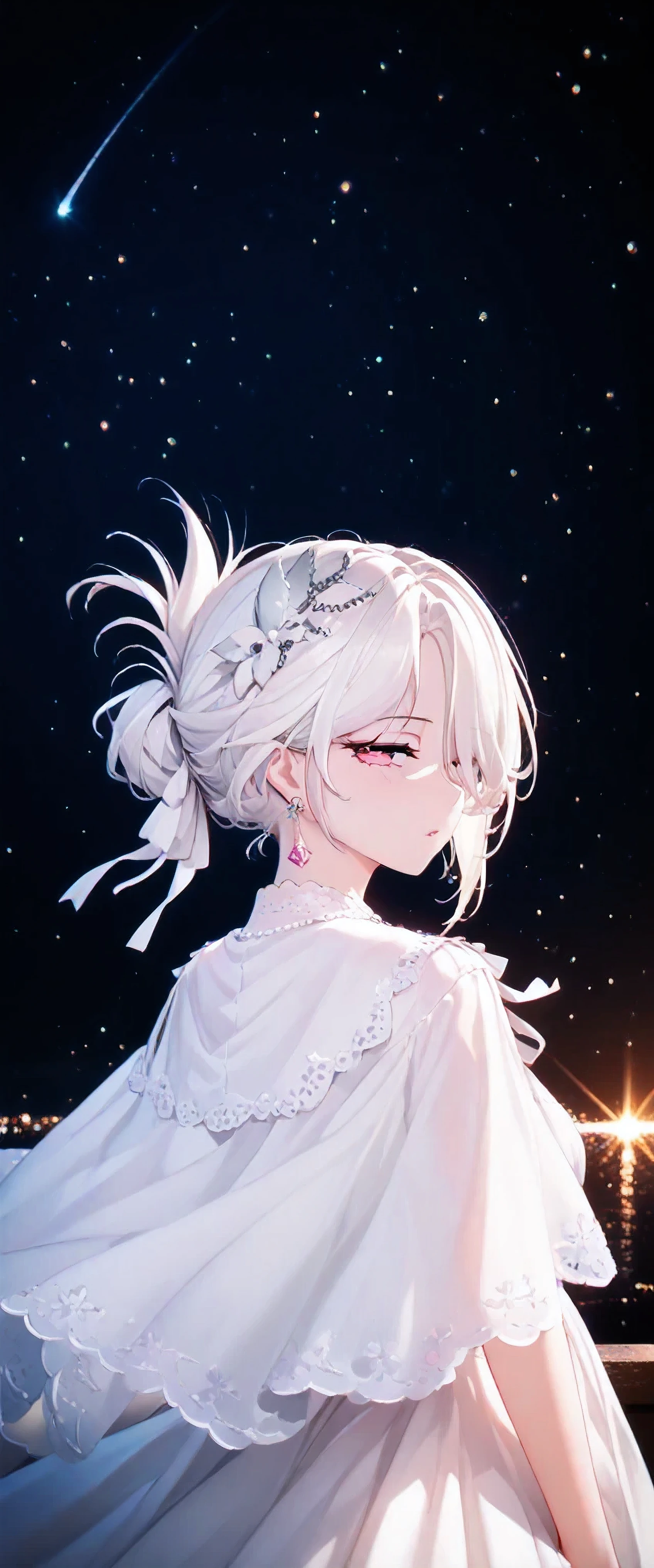 UN\(EOE\),youen\(EOE\),one girl,solo,best quality, masterpiece,score_9, score_8_up, score_7_up, score_6_up, source_anime, beautiful girl, iris midgar, perfect anatomy, (photoshooting studio scenery),,break,1girl,(dark bokeh background,Big Dipper,big sky), (weak Lighting),,break, super detailed skin,very high resolution, very aesthetic,by famous artist, 8k, 16k,,beauty illustration,photoshop_(small),,(pink eyes:1.2,half-closed eyes,detail eyeballs,detail eyes),(white hair|Detailed hair|short hair|folded ponytail|hair over one eye),((curtain haircut:1.2,curtained hair,earrings,hair_bow,,)),(white capelet,break,),POV,(sleepy,jitome),from behind,looking back