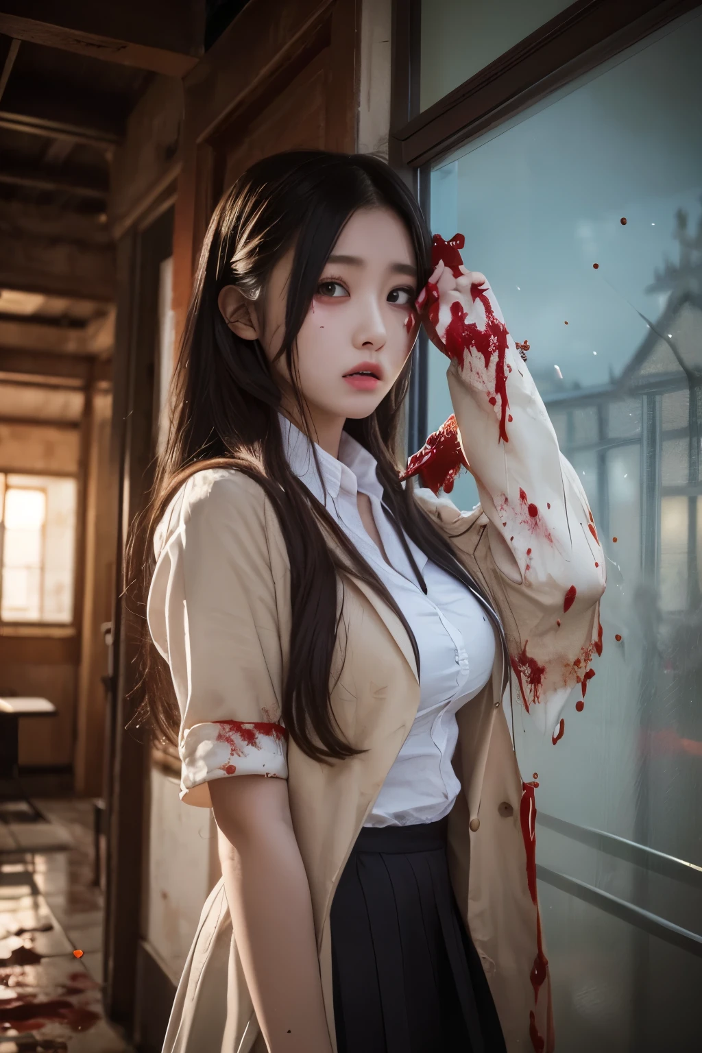 <lyco:Makima:1>, makimav1, black necktie, single braid, blood on face, cowboy shot, volumetric lighting, ringed eyes, looking at viewer, mature female, arms behind back, facing viewer, white skin