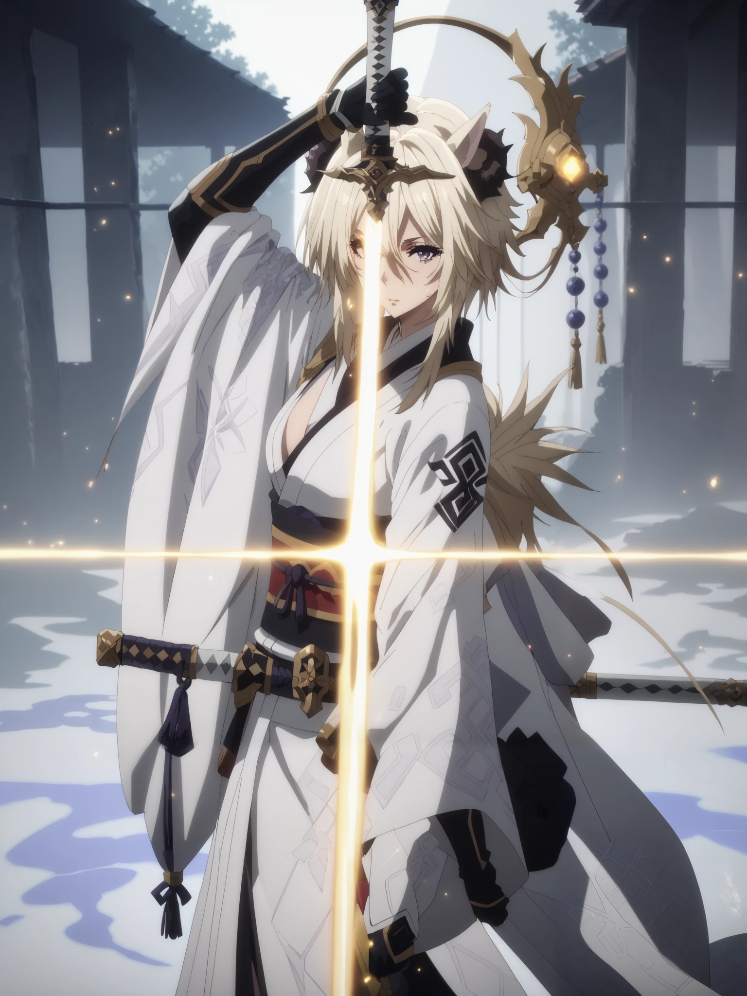score_9, score_8_up, score_7_up, score_6_up, uncensored, zeta, ((animal ears)), purple eyes, blonde hair, large breasts, anime coloring, anime screencap, BREAK UHD, retina, masterpiece, accurate, anatomically correct, textured skin, super detail, high details, high quality, award winning, best quality, highres, 4K, excessive sweating, sweating, sweating drop, (gasping, heavy breathing:1.3), perfect eyes, beautiful eyes, eyelashes, makeup, detailed body, perfect body, BREAK, 1girl, sword, weapon, solo, japanese_clothes, katana, holding, looking_at_viewer, kimono, holding_sword, holding_weapon, glowing, white_kimono, wide_sleeves, sheath, long_sleeves, sash, obi, horns, closed_mouth, standing, tori, japanese architecture