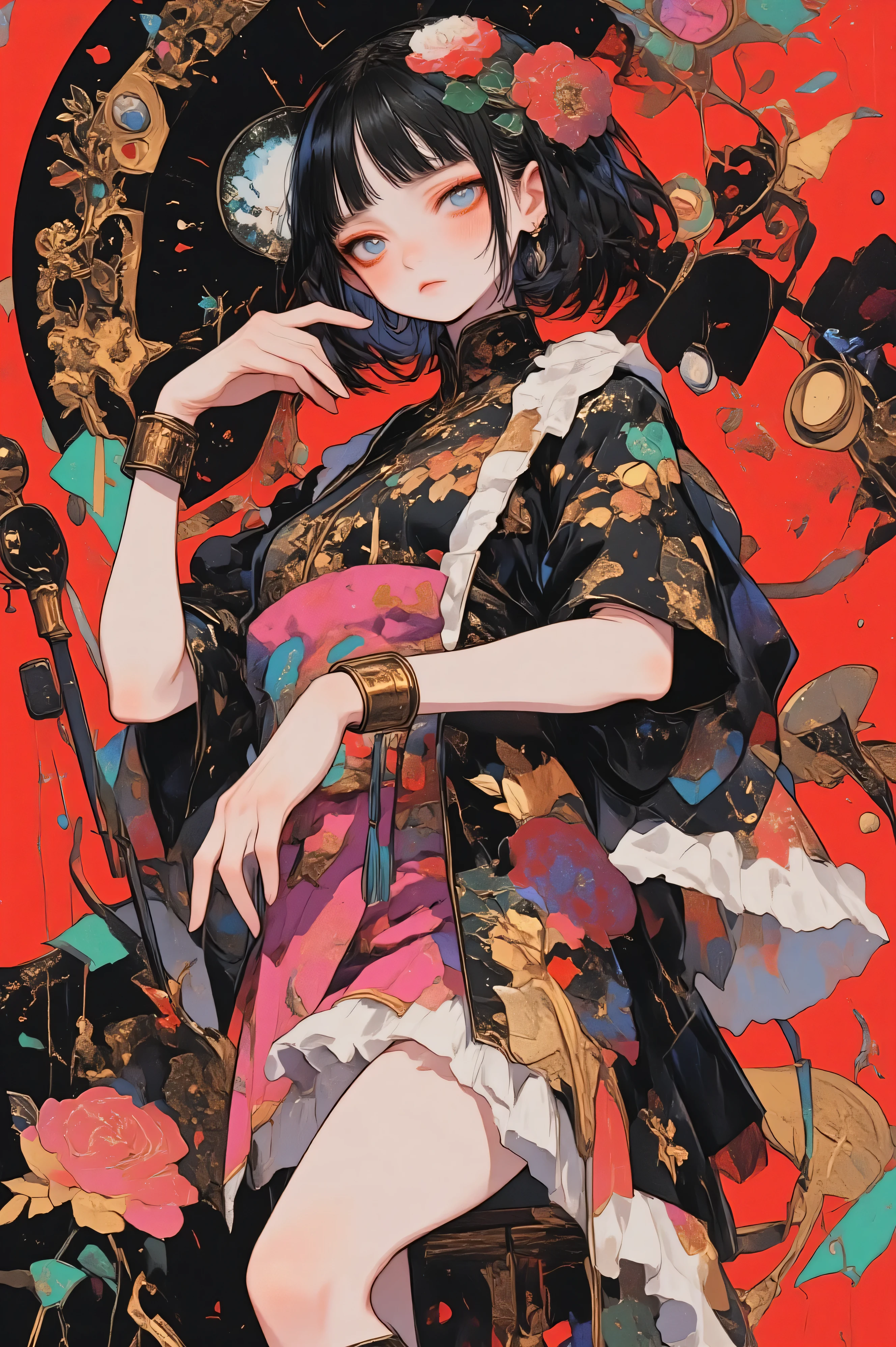  (super realism, masterpiece:1.2, best quality:1.2, extremely detailed, absurdres, very aesthetic, Sensual and realistic skin and body), full body:1.5, from front:1.5, standing, open legs), ((1girl\beautiful eyes, beautiful lip:1.2, beautiful skin:1.2, black hair, bob cut, big red ribbon, She wears a large camellia hair ornament in her hair, Japanese style kimono mini skirt, long-sleeved kimono, The skirt has large white frills at the hem, beautifully embroidered frills, Beautiful Pink and black waistband, Black and white striped knee-high socks:1.3, Wearing high geta:1.3, Hold the microphone stand at an angle)) BREAK ((anime effects)), red & black & yellow & green back ground:1.3