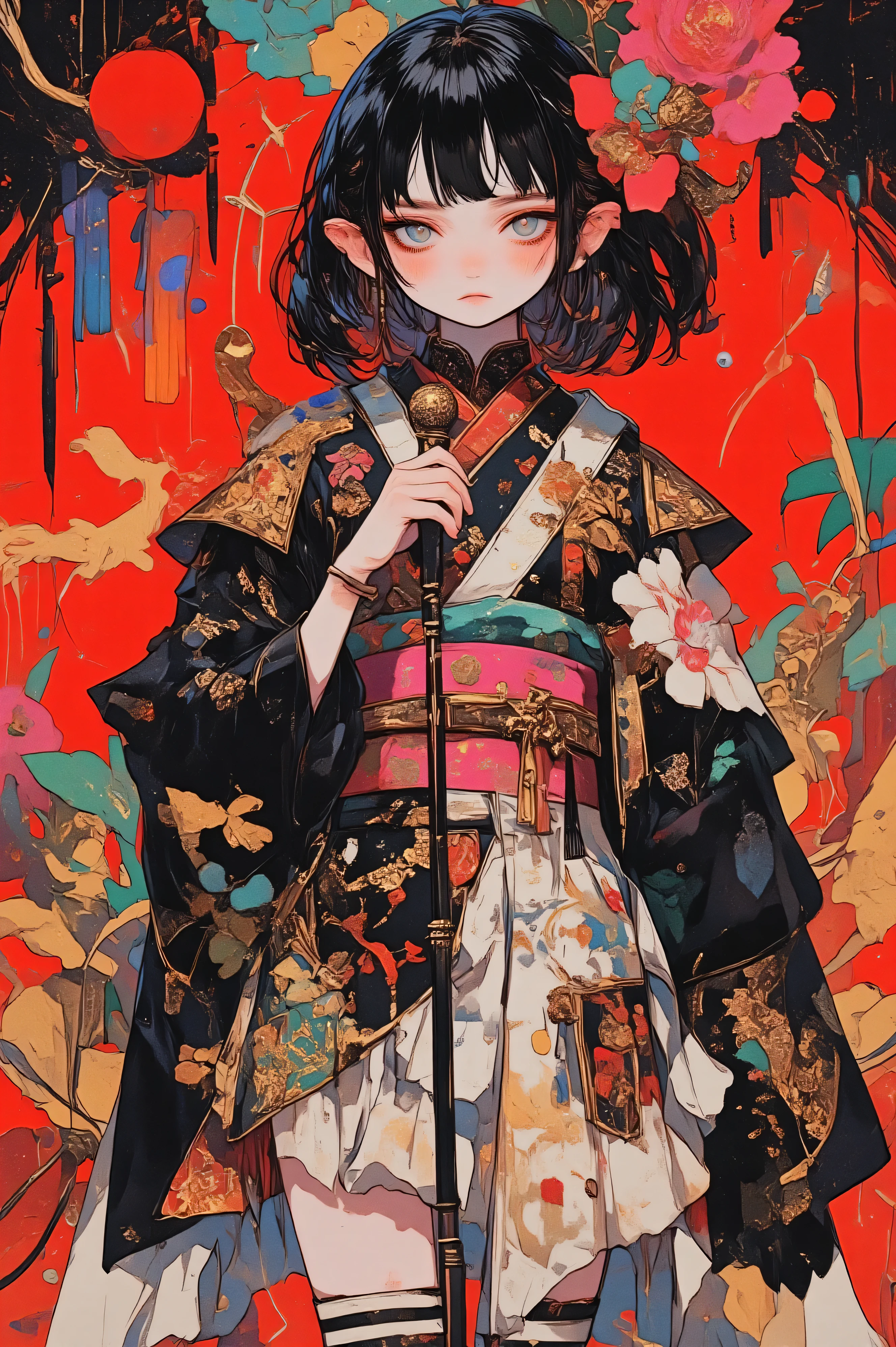 (super realism, masterpiece:1.2, best quality:1.2, extremely detailed, absurdres, very aesthetic, Sensual and realistic skin and body), full body:1.5, from front:1.5, standing, open legs), ((1girl\beautiful eyes, beautiful lip:1.2, beautiful skin:1.2, black hair, bob cut, big red ribbon, She wears a large camellia hair ornament in her hair, Japanese style kimono mini skirt, long-sleeved kimono, The skirt has large white frills at the hem, beautifully embroidered frills, Beautiful Pink and black waistband, Black and white striped knee-high socks:1.3, Wearing high geta:1.3, Hold the microphone stand at an angle)) BREAK ((anime effects)), red & black & yellow & green back ground:1.3