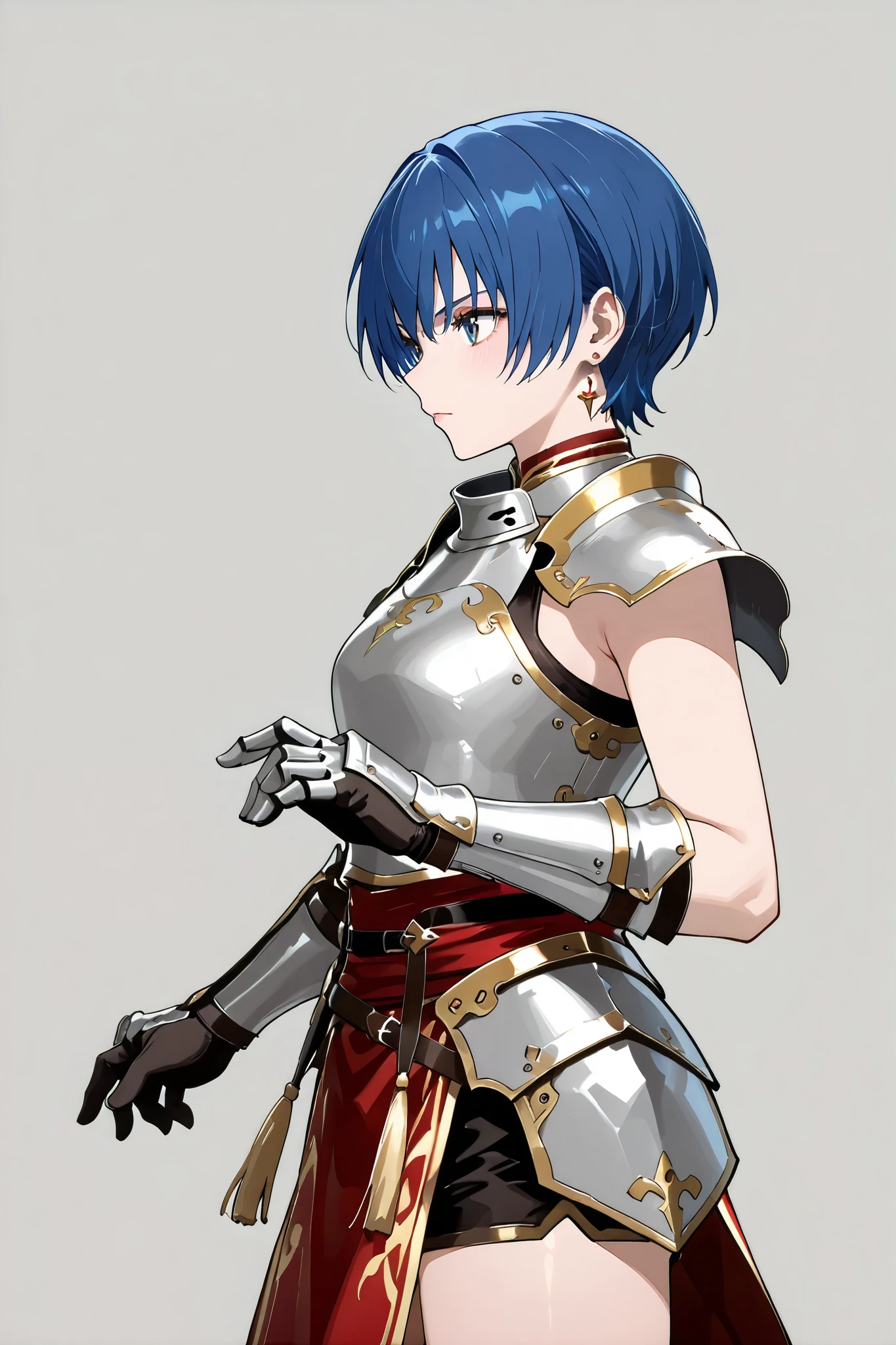 Combat Stance,Imperial Gard 、Female Knight、armor、 blue short hair、Red Pelvic Curtain、 black shorts、from side, sleeveless、