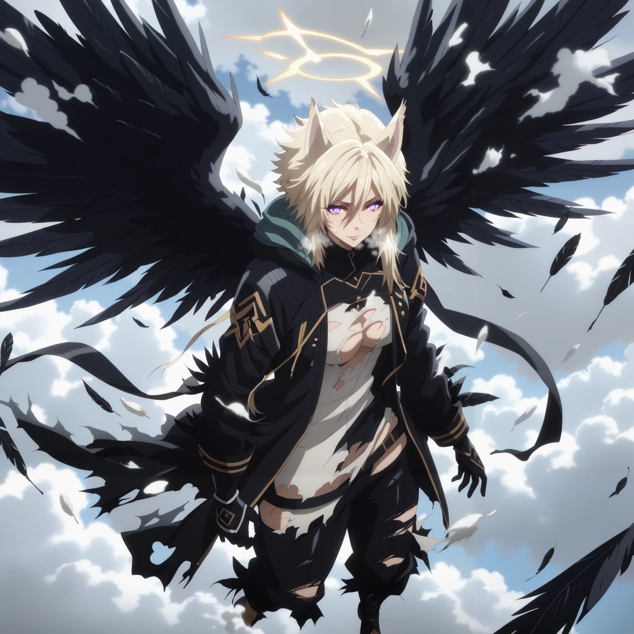 score_9, score_8_up, score_7_up, score_6_up, uncensored, zeta, ((animal ears)), purple eyes, blonde hair, large breasts, anime coloring, anime screencap, BREAK UHD, retina, masterpiece, accurate, anatomically correct, textured skin, super detail, high details, high quality, award winning, best quality, highres, 4K, excessive sweating, sweating, sweating drop, (gasping, heavy breathing:1.3), perfect eyes, beautiful eyes, eyelashes, makeup, detailed body, perfect body, BREAK, 1girl, wings, solo, halo, cloud, ((black_wings)), glowing, torn_clothes, cloudy_sky, torn, sky, jacket, hood, feathered_wings, glowing_eyes, shirt, feathers, pants, angel, black suit, looking_at_viewer, smirk, steaming body, fallings feathers