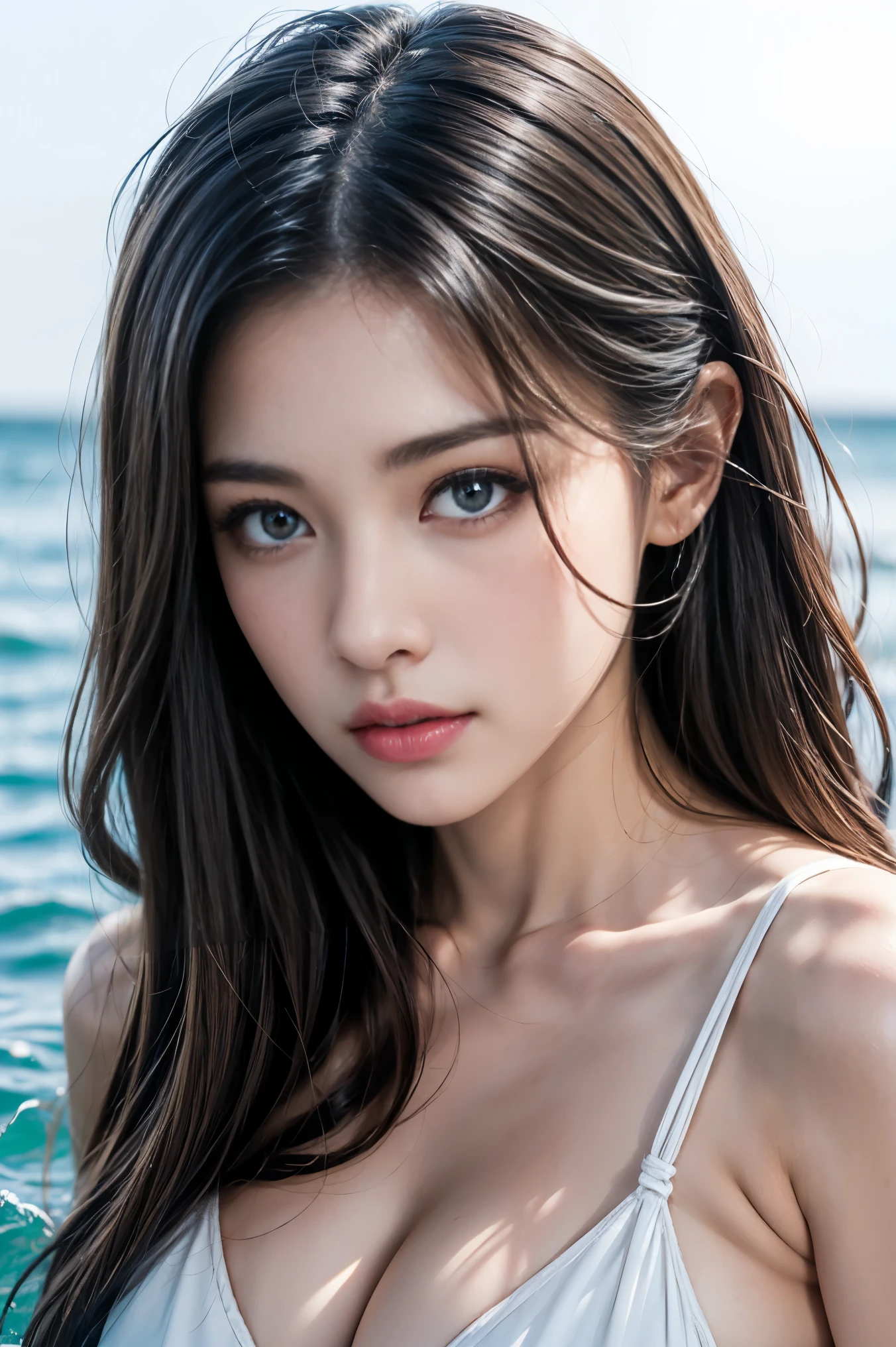 masterpiece、1 beautiful girl、 (reality: 1.4), Japanese、Asian Beauty、so beautiful、Beautiful Skin、thin、(Upper Body)、(超reality的な)、(High resolution)、(8K)、(Very detailed)、(Fine and beautiful eyes)、(Very detailedな)、Big eyes、Brown eyes、Long eyelashes、Detailed face、Gloss Lip,Bright lighting、Professional Lighting、Looking at the camera、Serious expression、Look straight ahead、Long Hair、Brown Hair、Seascape、Nogizaka idol、actress、20-year-old、Big Breasts、Big Breasts、Wet Skin、Micro Bikini、Cleavage cutout、Baby Face、Moist and realistic skin texture、Moist lips、Natural Shadows、(Please raise your hand),Browsing Caution,
