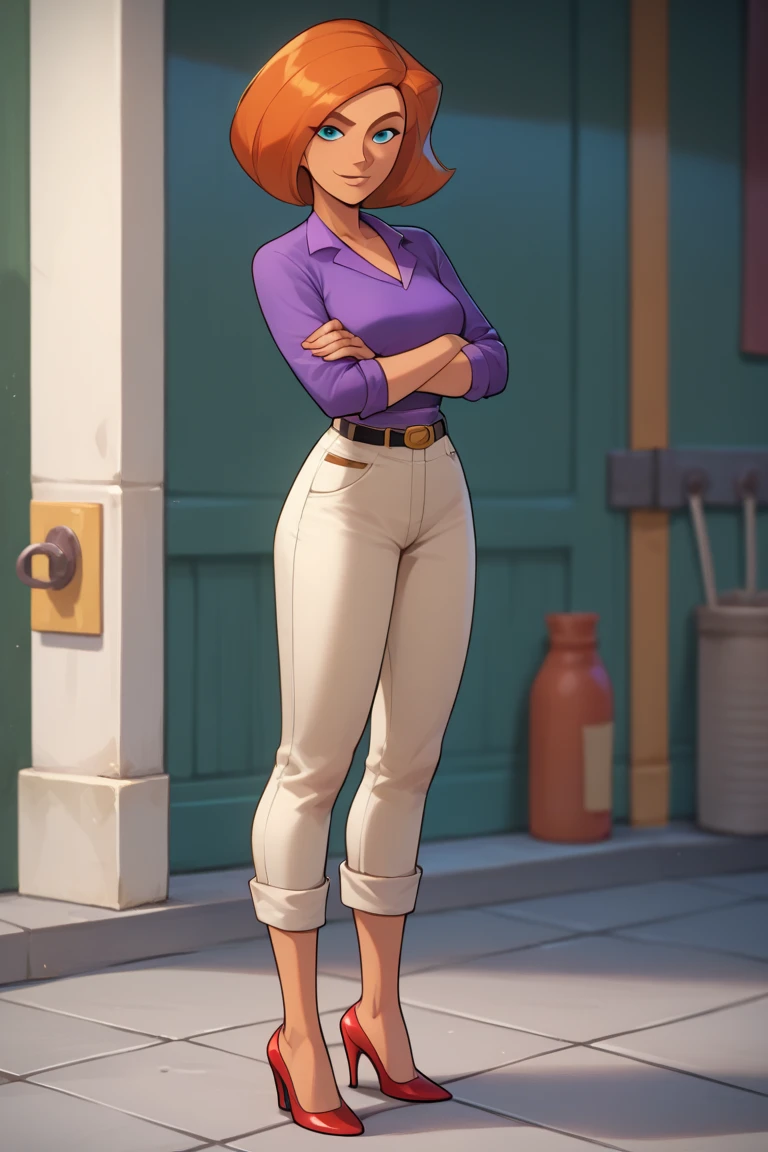 score_9, score_8_up, score_7_up, BREAK, 1girl, solo, breasts,  annpossible, mature female, purple shirt, sleeves rolled up, tan pants, belt, looking at viewer, smile, crossed arms, full body, red high heels 