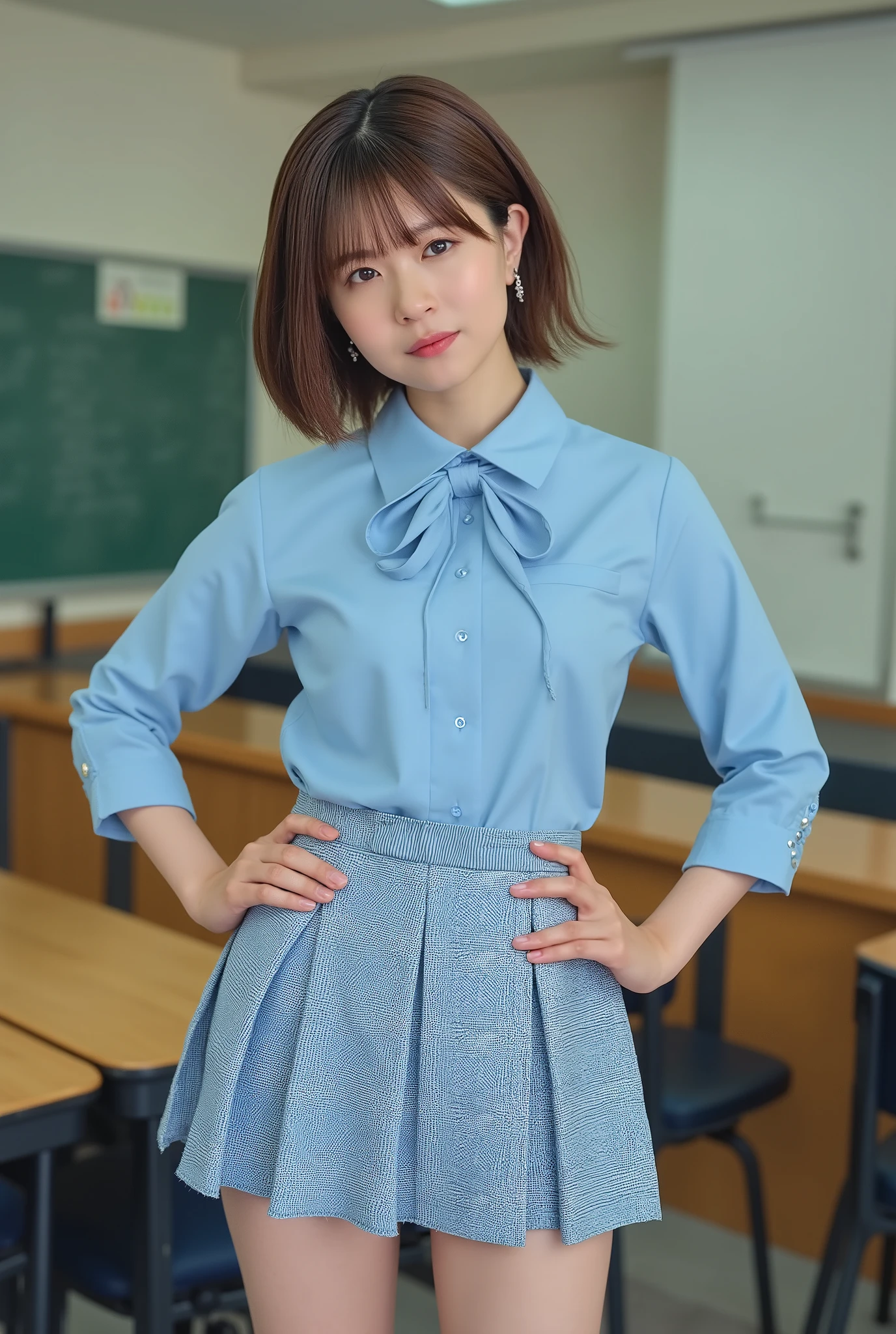 (Representative, highest quality: 1.2), 1 girl, short bob hair, ((High school girl)) ((Nice breasts)), (Slender waist), (((Alice blue dress shirt, tie, Alice blue checkered pleated mini skirt))), ((((Standing with hands on hips)), ((With bangs, medium length hair)), Beautifully detailed eyes, Beautifully detailed lips, Highly detailed face, Long eyelashes, Sharp focus, Classroom,