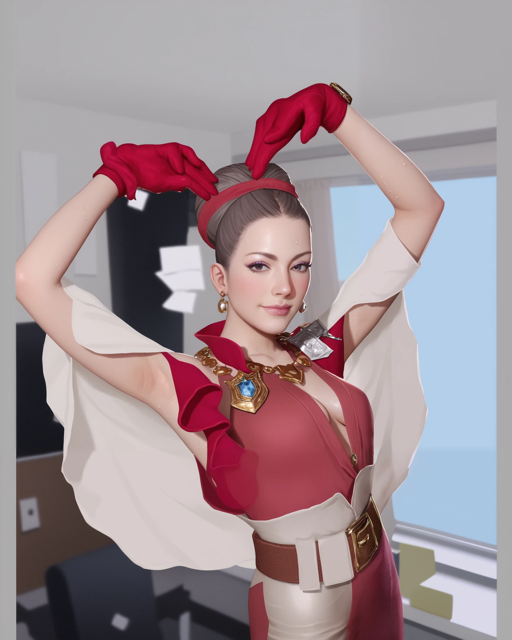 score_9, score_8_up, score_7_up, high resolution, masterpiece, best quality, absurdres, 2girl, solo, UHD, anime screencap, badhandv4, xcllaginn, hair bun, earrings, necklace, dress, cleavage, bracelet, belt, anklet, pumps, sweat all over body and clothes, realistic body, arms behind head, realistic armpit, armpit tickle, indoor, police office, looking at viewer, blushing, smug, closed mouth, from side, dutch shot, zoom the head