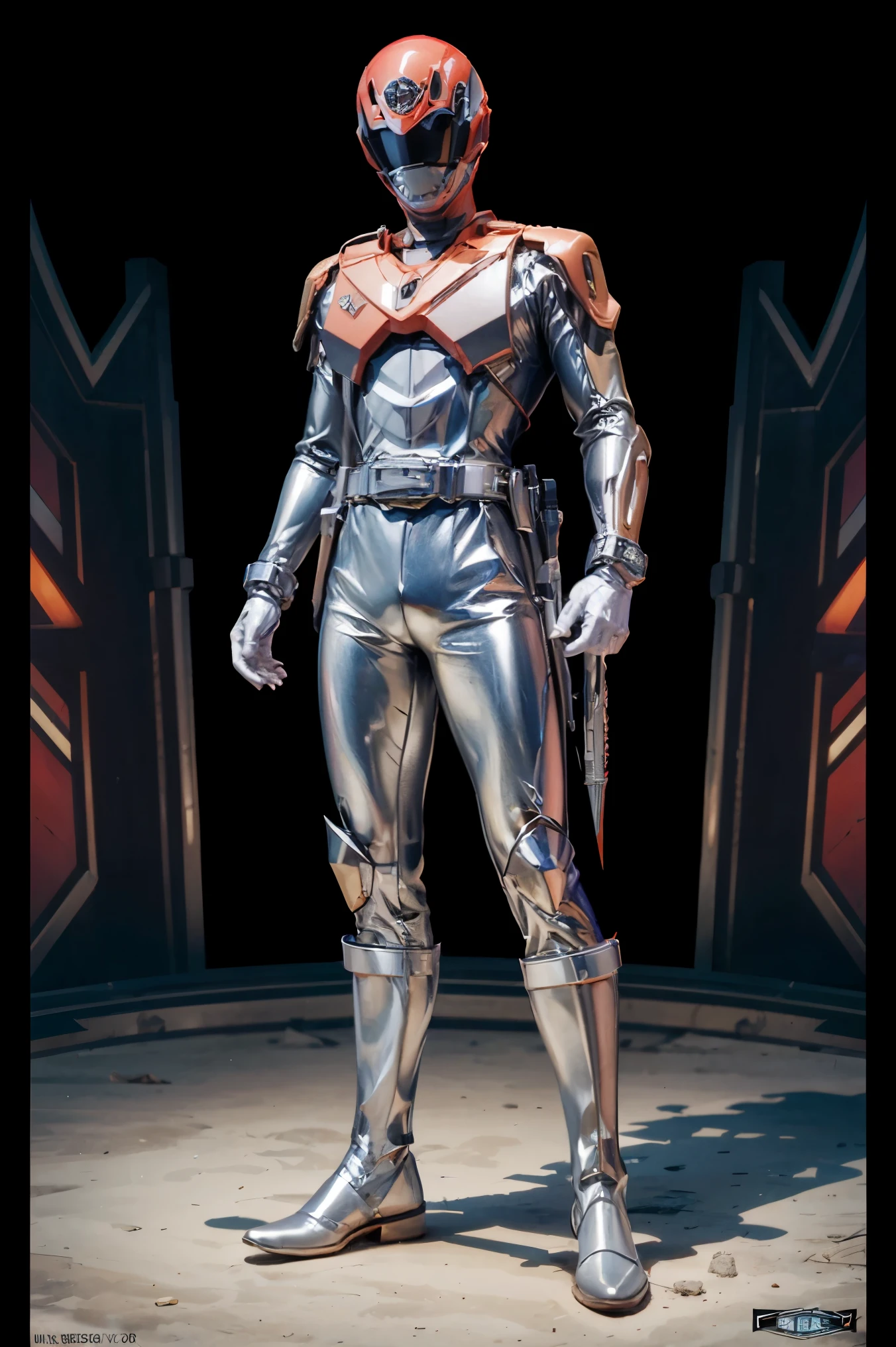 1boy, white, full body, Illustration, cinematic light, high resolution, best quality, ultra detailed, masterpiece, power suit, powerranger, suit, spd, (silver royal guard ranger suit), gold detail, holding white pistol,