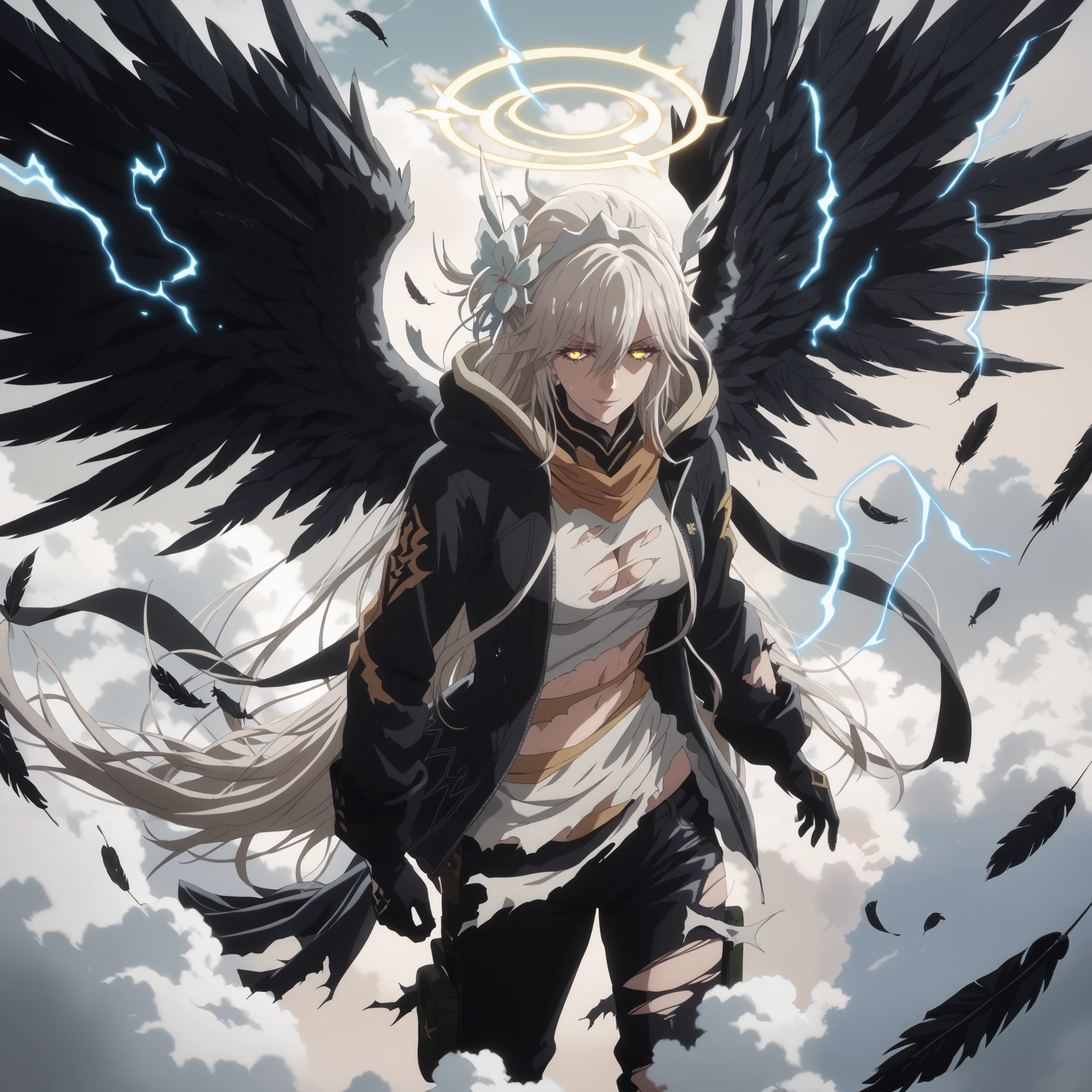 score_9, score_8_up, score_7_up, score_6_up, uncensored, vicius, long hair, bangs, hair ornament, hair between eyes, very long hair, yellow eyes, large breasts, anime coloring, anime screencap, BREAK UHD, retina, masterpiece, accurate, anatomically correct, textured skin, super detail, high details, high quality, award winning, best quality, highres, 4K, excessive sweating, sweating, sweating drop, (gasping, heavy breathing:1.3), perfect eyes, beautiful eyes, eyelashes, makeup, detailed body, perfect body, BREAK, 1girl, wings, solo, halo, cloud, ((black_wings)), glowing, torn_clothes, cloudy_sky, torn, sky, jacket, hood, feathered_wings, glowing_eyes, shirt, feathers, pants, angel, black suit, looking_at_viewer, smirk, steaming body, fallings feathers, electricity 