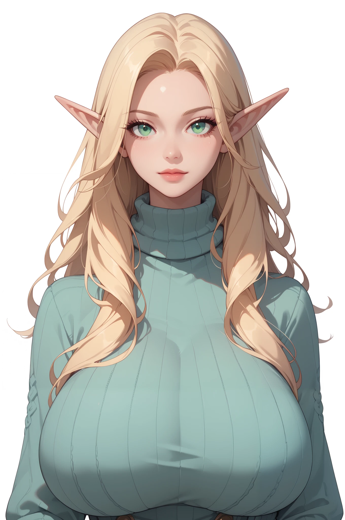 
score_9, score_8_up, score_7_up, 1girl,solo, upper body,looking at viewer, white background, voluminous long blonde hair, elf,  woman, , sweater, mint green eyes, masterpiece, best quality, amazing quality, very aesthetic, high resolution, ultra-detailed, absurdres, 