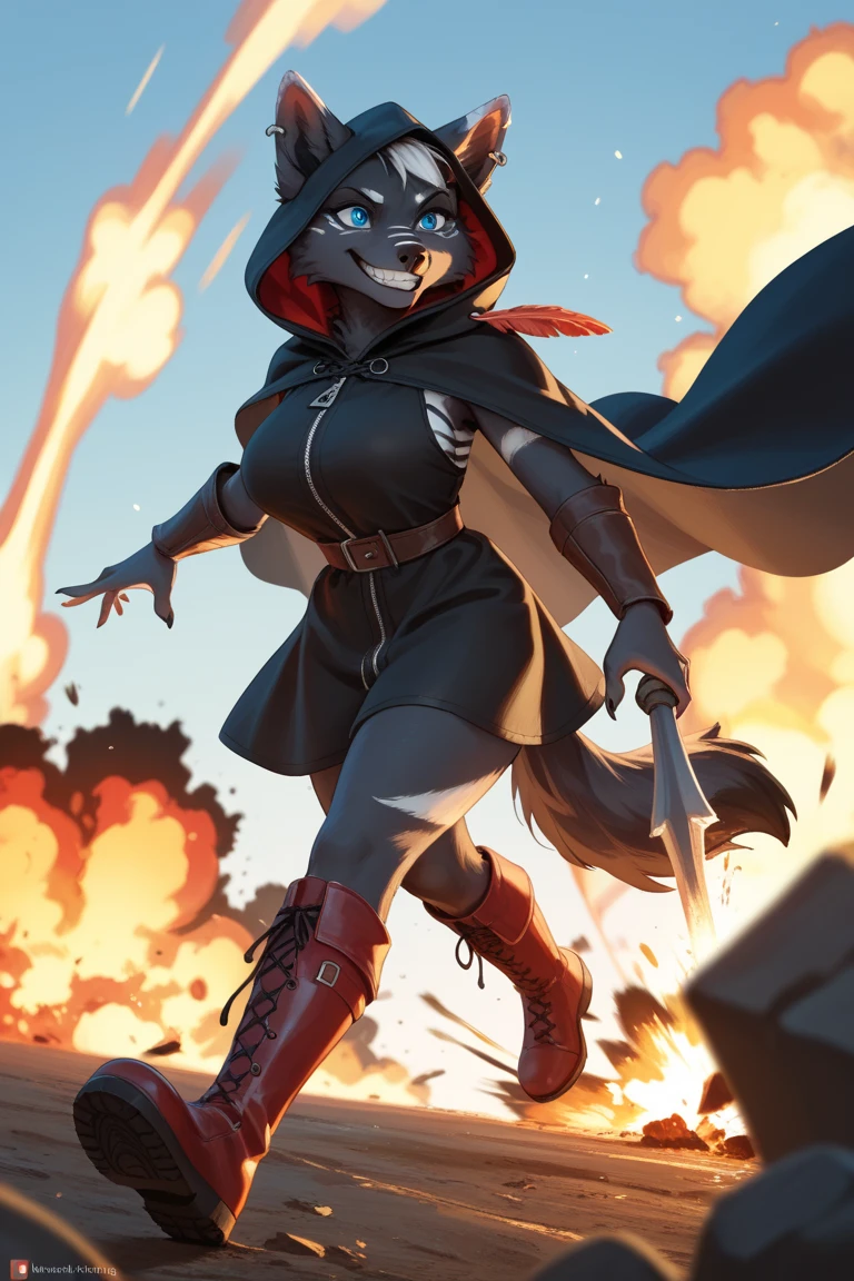 uploaded to E621, by kenket, by Kilinah, by Einshelm, by fluff-kevlar, by foxovh, beautiful and detailed portrait of an anthropomorphic vixen ((female))), (detailed averi), (detailed lighting), (detailed fur), (detailed breasts), BREAK, (cinematic lighting), ((detailed background)), ((depth of field)), (half body shadow), ((looking at viewer)), [backlighting], [detailed ambient light], [ambient light on the belly], [realistic proportions], [explicit content, adult, nsfw], [sharp focus], (questionable content), (shaded), (hi res), ((masterpiece)), (Averi, Fox girl), (anthro, fluffy fur), anthro fox girl, body fur, curvy, sexy, nice, cute, hot, sassy, sassy hips, (Averi, Fox girl), green eyes, solo, blush, smug smile, graveyard, trees, flat chest, chest fluff, striped thigh highs, colorful thigh highs, high socks, thigh high socks, striped high socks, legs adorned with colorful fabric, speech bubble, heart, hearts, seductive pose, leaning to a tree, sexy pose, night, rain, wet fur, tail tip emanating magnificent magical fire, scarlet fire encircling the tail tip, fiery tail tip, fiery magical tail, magical tail fire, scythe with sharp blade, grim reaper's scythe, grim reaper girl, grim reaper, scythe, wearing grim reaper's cloth, dark hooded red cloak, red cloak, rugged broken clothes, wielding a scythe, clothes being blown by wind
