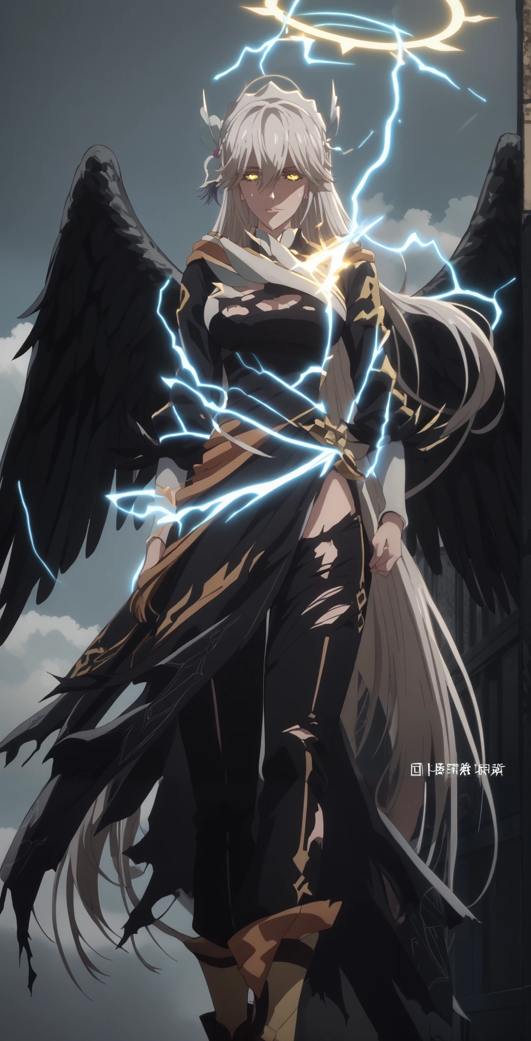 score_9, score_8_up, score_7_up, score_6_up, uncensored, vicius, long hair, bangs, hair ornament, hair between eyes, very long hair, yellow eyes, large breasts, anime coloring, anime screencap, BREAK UHD, retina, masterpiece, accurate, anatomically correct, textured skin, super detail, high details, high quality, award winning, best quality, highres, 4K, excessive sweating, sweating, sweating drop, (gasping, heavy breathing:1.3), perfect eyes, beautiful eyes, eyelashes, makeup, detailed body, perfect body, BREAK, 1girl, wings, solo, halo, cloud, ((black_wings)), glowing, torn_clothes, cloudy_sky, torn, sky, jacket, hood, feathered_wings, glowing_eyes, shirt, feathers, pants, angel, black suit, looking_at_viewer, smirk, steaming body, fallings feathers, electricity 
