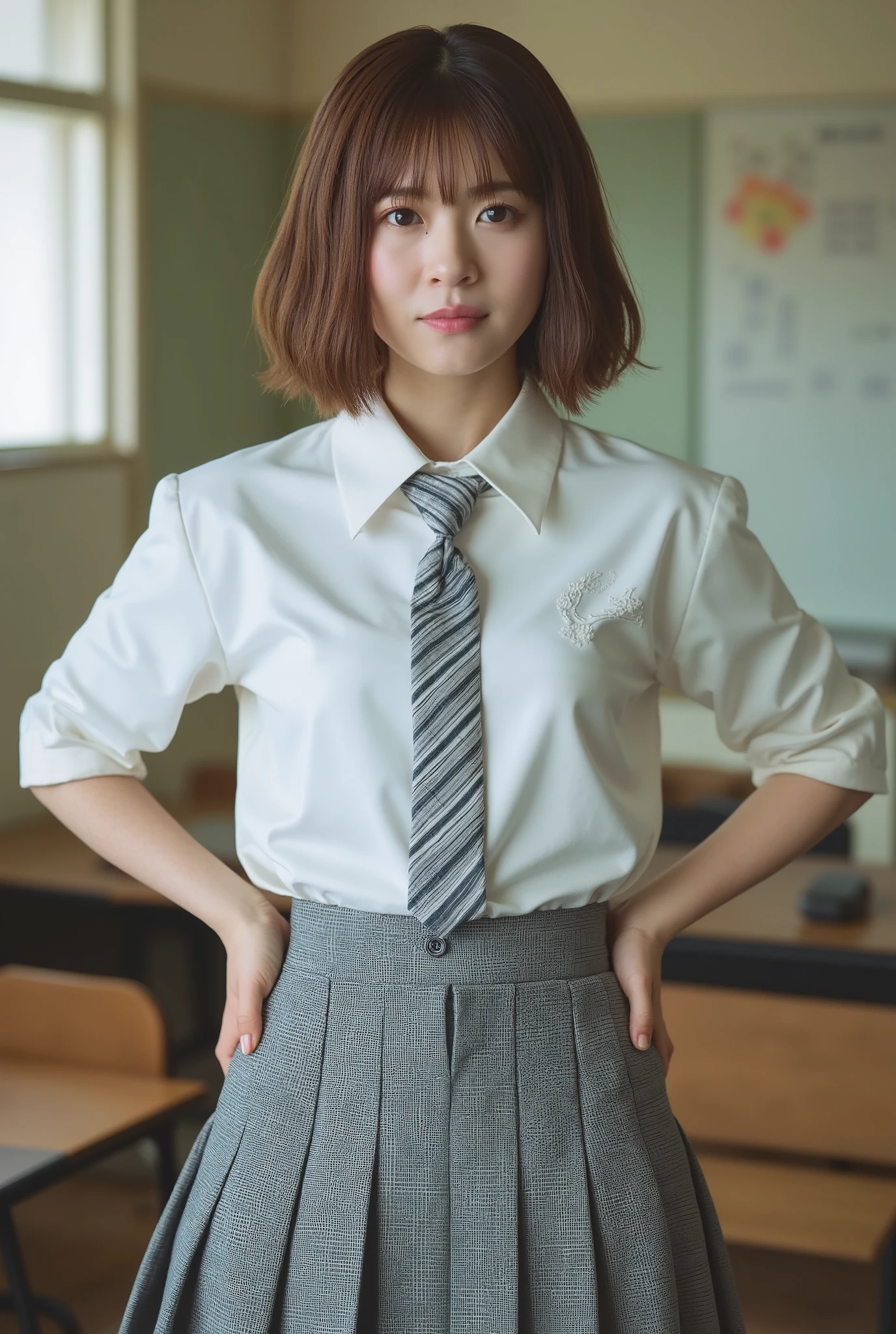 (Representative, highest quality: 1.2), 1 girl, short bob hair, ((high school girl)) ((beautiful breasts)), (slender waist), (((ivory white dress shirt, checkered tie, grey checkered pleated mini skirt))), ((((standing with hands on hips)), ((with bangs, medium length hair)), beautifully detailed eyes, beautifully detailed lips, highly detailed face, long eyelashes, sharp focus, classroom,