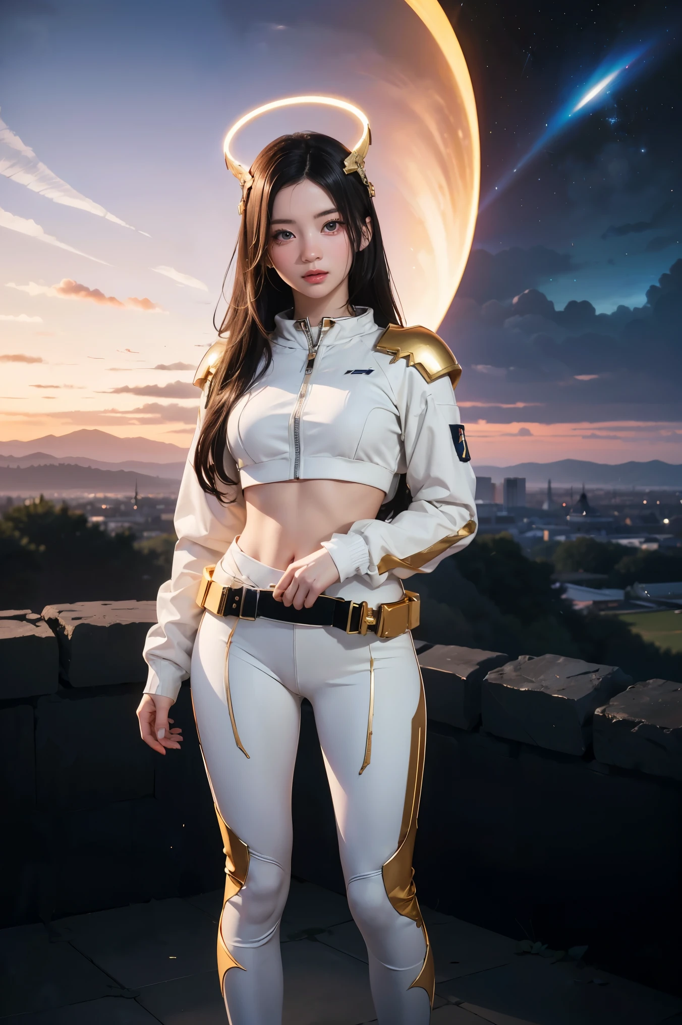 ((masterpiece, best quality, extremely detailed), volumetric lighting, ambient occlusion, colorful, glowing), 1girl, solo, young girl, (dark hair), long hair, halo, aura, sacred, goddess, cleric suit, (white outfit with gold detailst:1.3), armor, outdoors, sunset, sky, clouds, space, (fantasy theme:1.2),ม 1girl, full body, Illustration, cinematic light, high resolution, best quality, ultra-detailed, masterpiece, power suit, powerranger, suit, spd,