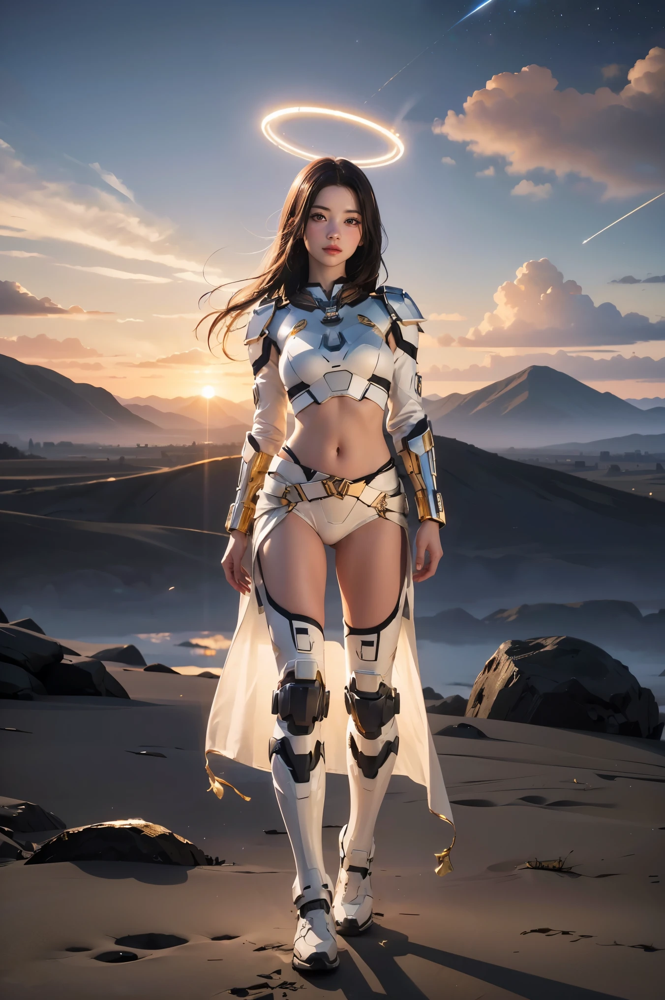 ((masterpiece, best quality, extremely detailed), volumetric lighting, ambient occlusion, colorful, glowing), 1girl, solo, young girl, (dark hair), long hair, halo, aura, sacred, goddess, cleric suit, (white outfit with gold detailst:1.3), armor, outdoors, sunset, sky, clouds, space, (fantasy theme:1.2),ม 1girl, full body, Illustration, cinematic light, high resolution, best quality, ultra-detailed, masterpiece, power suit, powerranger, suit, spd,