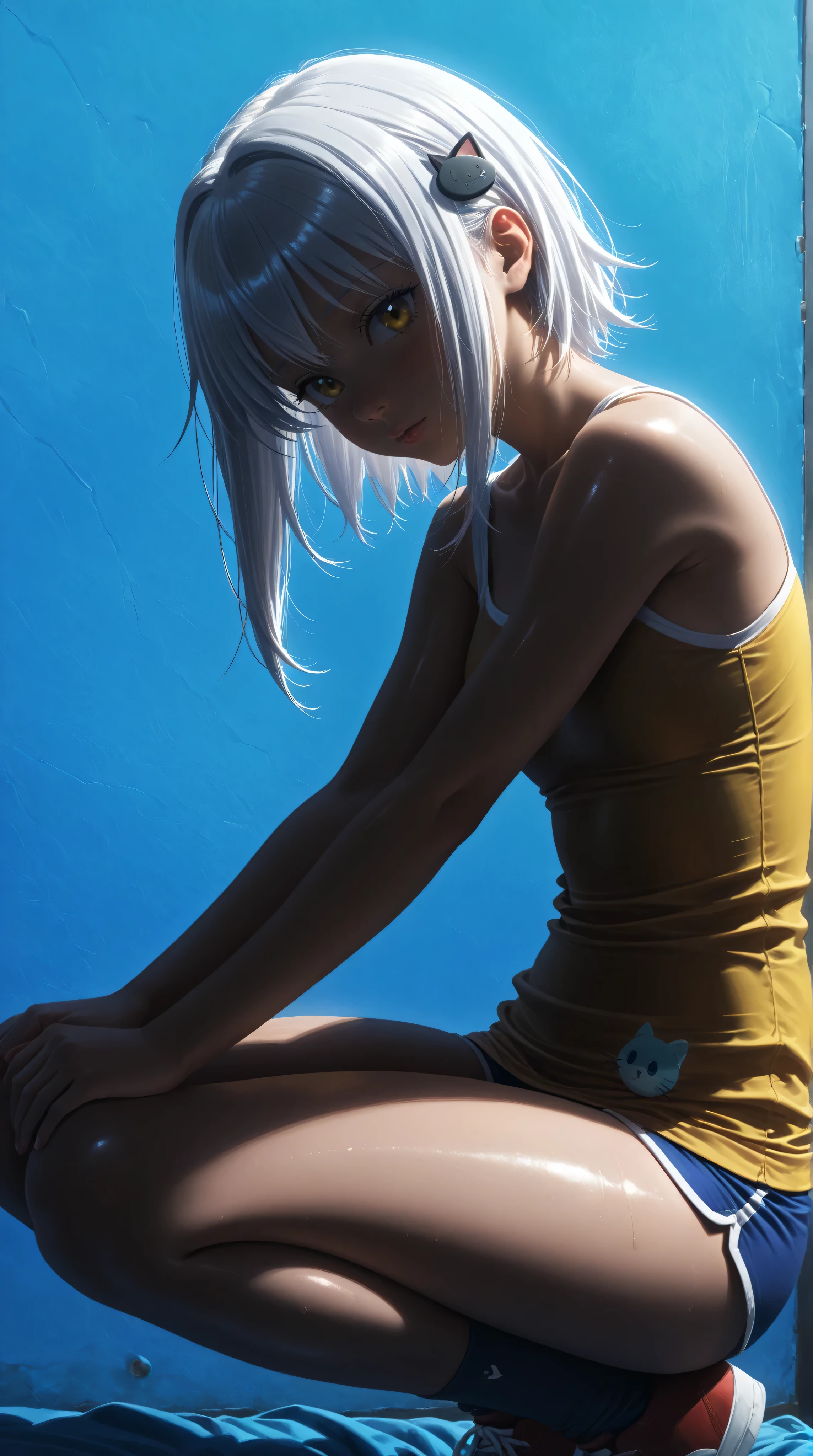 Kizi,koneko toujou, white hair, yellow eyes, Highly detailed, Amazing work,Vitreous luster,((clean backdrop)),In yellow,(((blue colors))),white color,yellow colour,Best quality at best,clean backdrop, small breasts, cleavage, shiny skin,