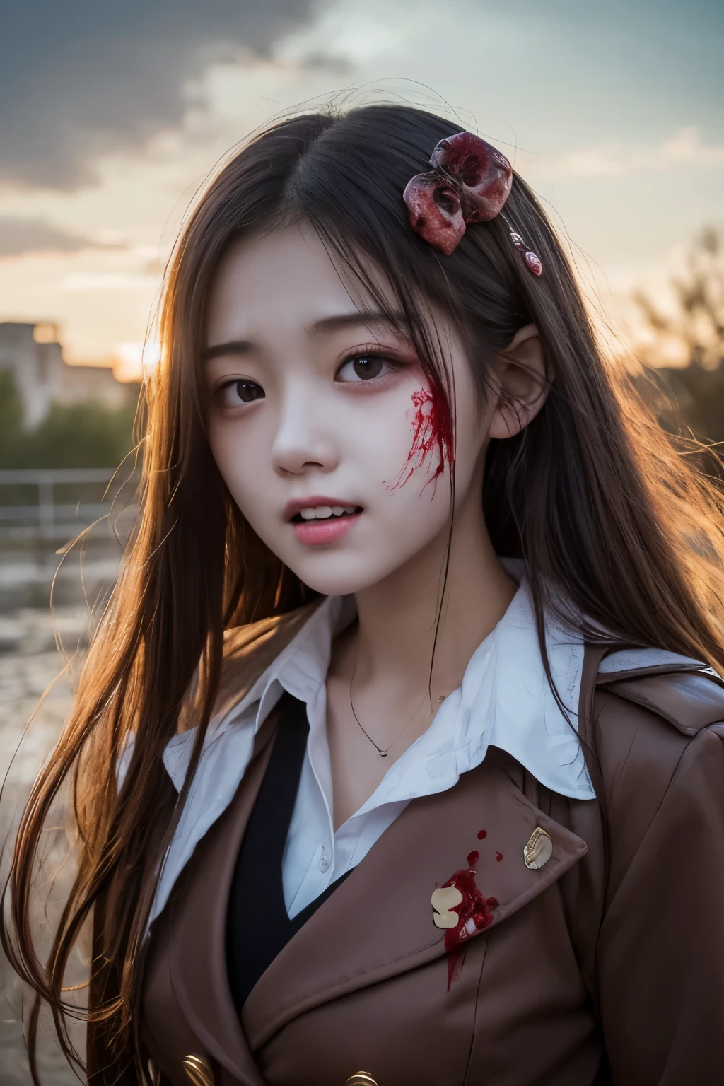 ((masterpiece, best quality)), (1girl), (solo), (female focus), yoru \(chainsaw man\),(very detailed face, real image, realistic white skin, realistic body, intricate details)psycho face, psycho eyes, serious, blood over the body, blood, black hair, long hair, intimidating look, pinafore dress, buttoned shirt, neck ribbon, small breasts, holding a knife, blood, blood on the knife, blood on scenario, moon, night, sky, clouds