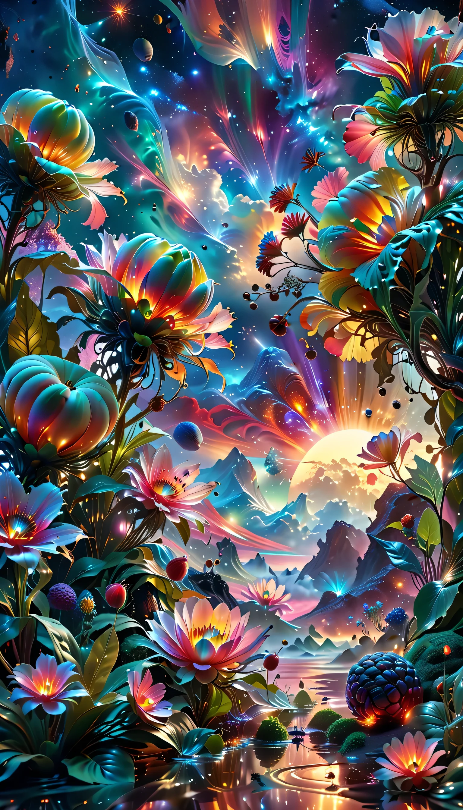 A Masterpiece In 32K Resolution, Supreme Quality, Super Detail, Official Art, Very High-Resolution 32K Wallpaper, Beautiful And Aesthetic, Ultra-Detailed Features, Awe-Inspiring Detail. A Breathtaking, Surreal Alien Landscape That Embodies The Wonders Of Interstellar Travel, With A Magnificent, Star-Filled Sky Stretching Across A Vibrant, Colorful Horizon. Strange, Exotic Alien Flowers Of All Shapes And Sizes Bloom Throughout The Scene, Surrounded By An Array Of Luscious, Otherworldly Fruits. The Image Is Rendered In Stunning 4K Or 8K Resolution, Capturing Every Intricate Detail With Perfection. The Scene Is Both Hyper-Realistic And Visually Immersive, Blending Advanced Illustration Techniques With 3D Rendering To Create A Masterpiece Of Craftsmanship. The Vivid Colors Enhance The Surreal Atmosphere, While The Meticulously Designed Lighting Captures Intricate Shifts In Light And Shadow, Adding Layers Of Depth And Richness To The Scene. Every Detail Is Presented With Unparalleled Clarity, Drawing The Viewer Into A Magical, Awe-Inspiring Realm. This Work Stirs Curiosity And Wonder, Inviting The Audience To Experience The Extraordinary Beauty Of Nature In An Entirely New Dimension.