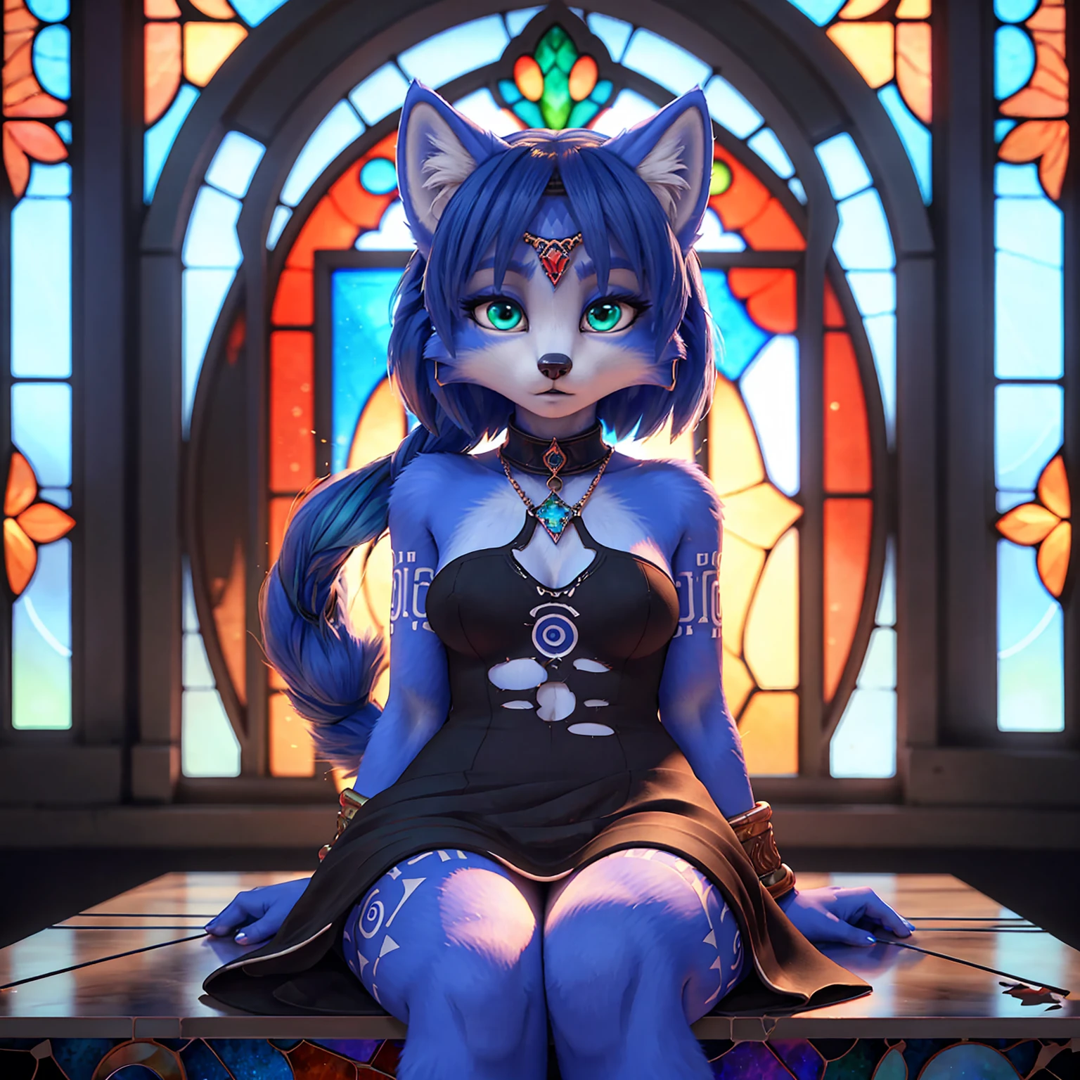 a picture of ((krystal)), Star Fox krystal, lovable, green eyes, medium breasts, (((Long blue hair 1.3))), Decollete, anthro, furry, Uploaded E621, detailed fluffys fell, (von Fluff-Kevlar, Bayard Wu, Pino Daeni), detailed face, (fluffy), 1 girl, alone, sweet girl, attracted, (((black coat))), (((black jeans:1.3))), (((chemise:1.3))) , detailed fur, (Kirchenruine, destroyed church, abandoned church), detailed light, Night color palette, Night pastel soft light, candles,