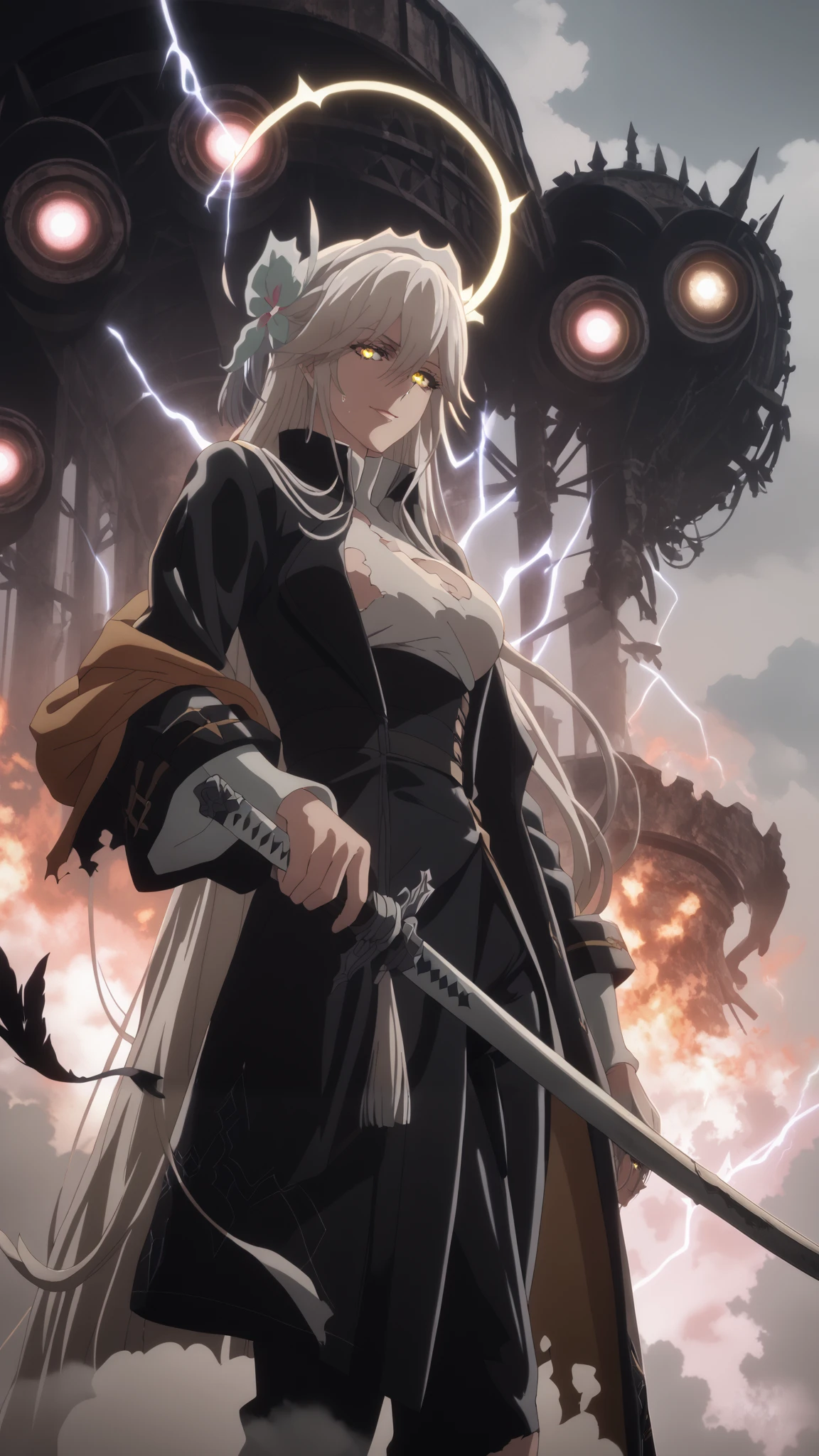 score_9, score_8_up, score_7_up, score_6_up, uncensored, vicius, long hair, bangs, hair ornament, hair between eyes, very long hair, yellow eyes, large breasts, anime coloring, anime screencap, BREAK UHD, retina, masterpiece, accurate, anatomically correct, textured skin, super detail, high details, high quality, award winning, best quality, highres, 4K, excessive sweating, sweating, sweating drop, (gasping, heavy breathing:1.3), perfect eyes, beautiful eyes, eyelashes, makeup, detailed body, perfect body, BREAK, 1girl, wings, solo, halo, cloud, ((black_wings)), glowing, torn_clothes, cloudy_sky, torn, sky, jacket, hood, feathered_wings, glowing_eyes, shirt, feathers, pants, angel, black suit, looking_at_viewer, smirk, steaming body, fallings feathers, electricity, fog, holding katana, katana, fire, ((monster)), cinema, cinematic light,