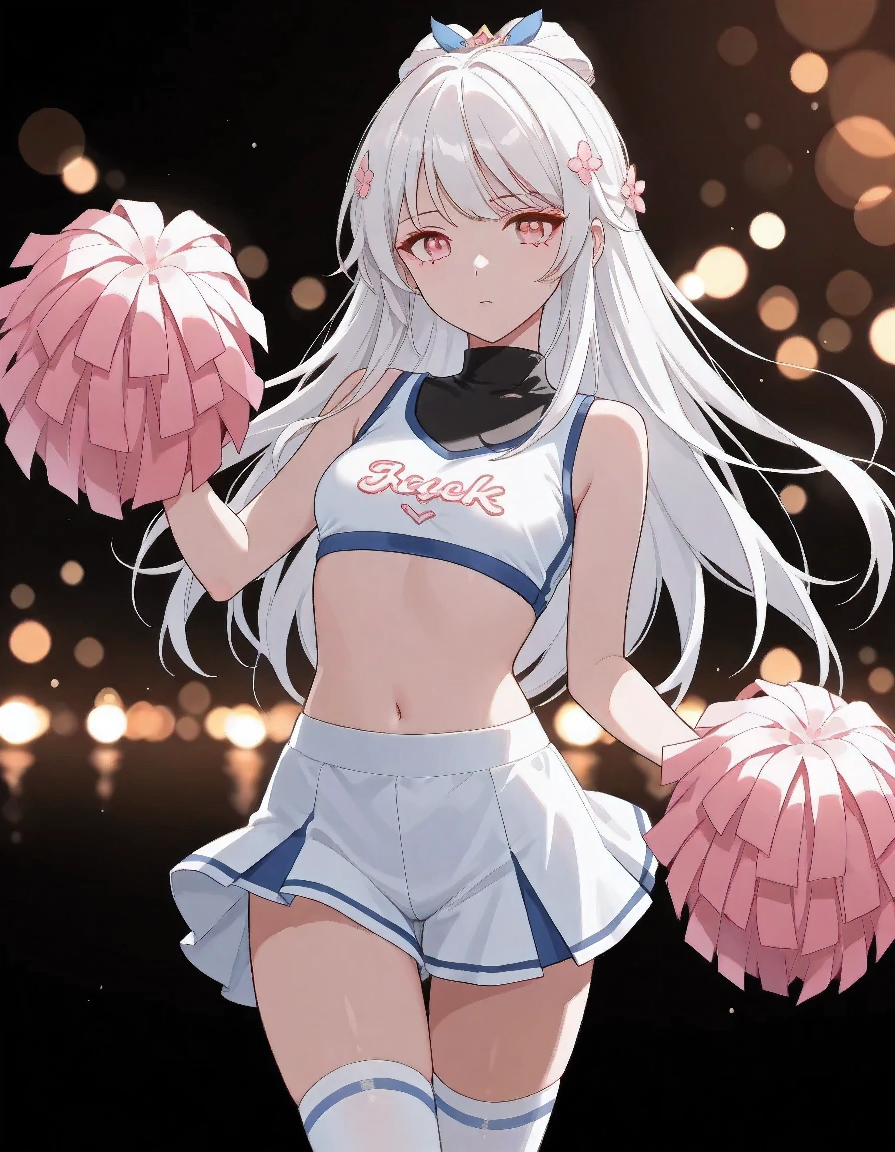 UN\(EOE\),one girl,solo,best quality, masterpiece,score_9, score_8_up, score_7_up,,break,1girl,(standing,dark bokeh background,cowboy body shot,spring theme,flower flake), (shaded Lighting),,break, incredibly_absurdres, ,very high resolution, very aesthetic,by famous artist, 8k, 16k,,beauty illustration,photoshop_(large),,(pink eyes:1.2,looking outside),(white hair|Detailed hair|long hair|updo),(white and pink cheerleading,Cutout Turtleneck,jumpsuitt,bare shoulders,sport shirt,thigh gap,white knee socks),(emotionless),,one mole under eye,intense angle, f/16, Canon,upper body,arms up,waving