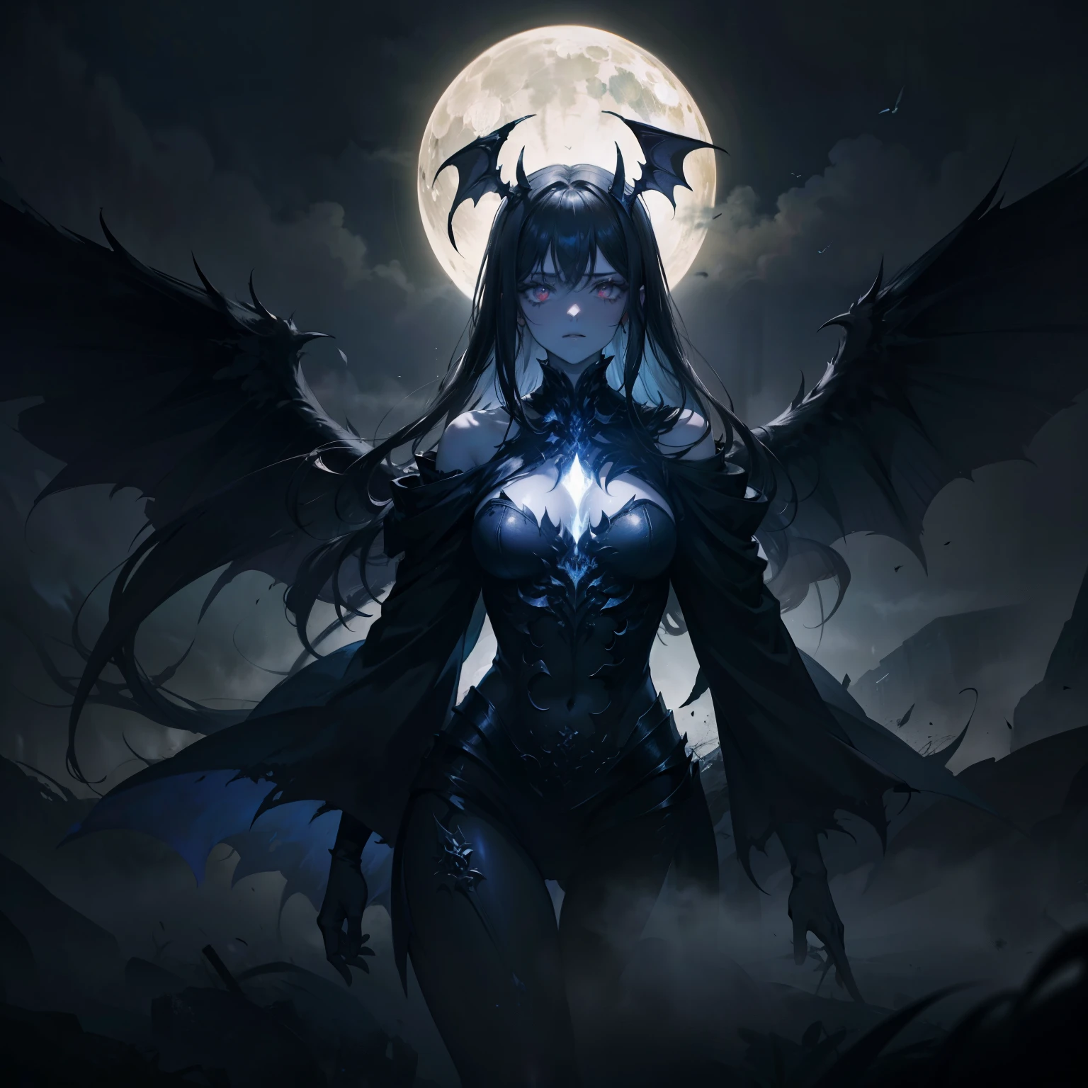 (High Detail:1.2) Anime Girl, (Best quality, Detailed), (dark and angry, gravelly:1.3, dark:1.2), 1girl, (solo), ILLIDAN, World of Warcraft, (Demonic wings, pointed horns:1.3, dark black skin), two blades of Azzinoth, short bob hair, black hair, yellow eyes, sinister, intense look, background dark, Volumetric light, hyper realistic, super detailed, Dynamic pose