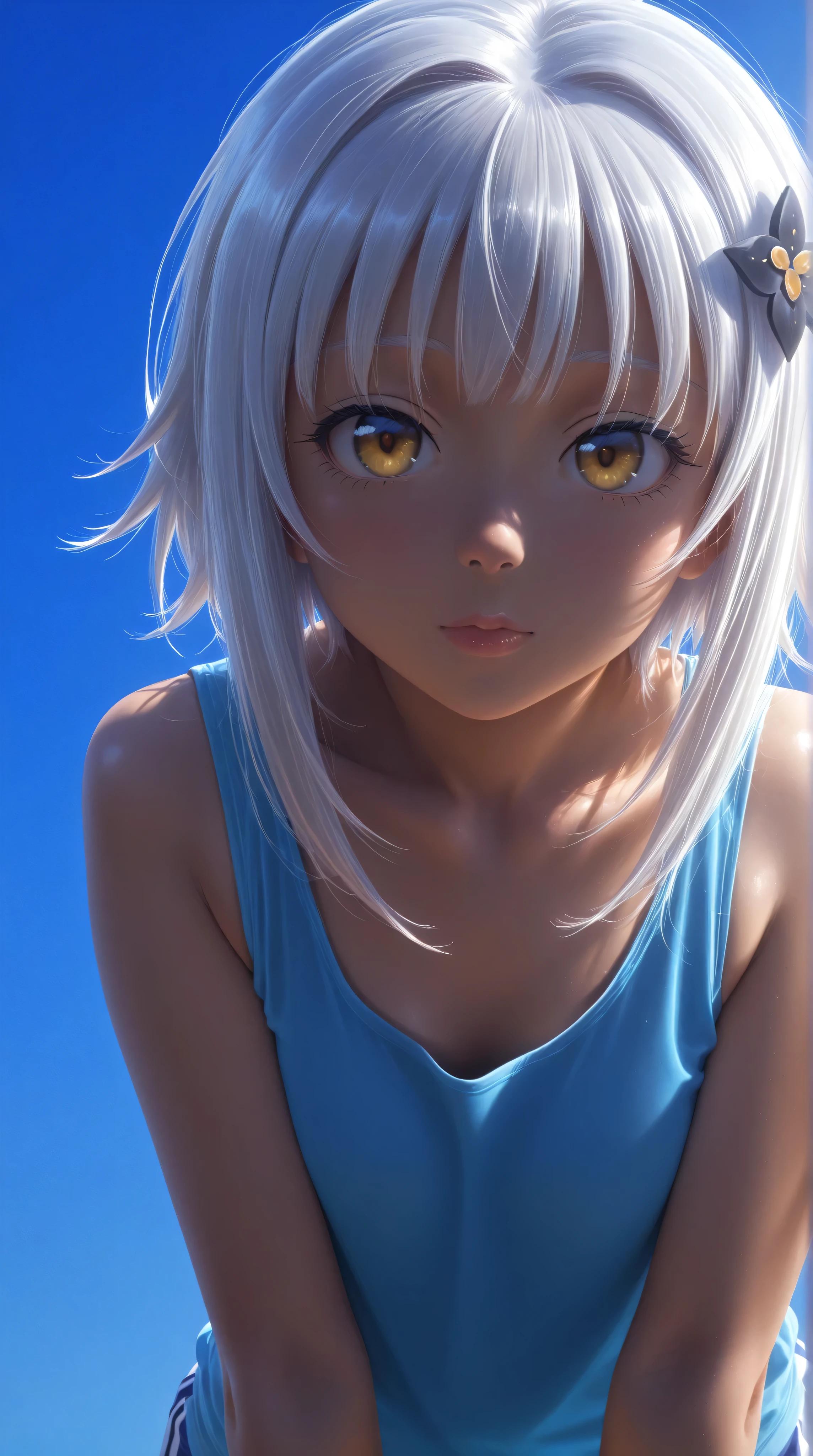 Kizi，koneko toujou, white hair, yellow eyes, Highly detailed, Amazing work，Vitreous luster,((clean backdrop))，In yellow，(((blue colors)))，white color，yellow colour，Best quality at best，clean backdrop, small breasts, cleavage, shiny skin, 