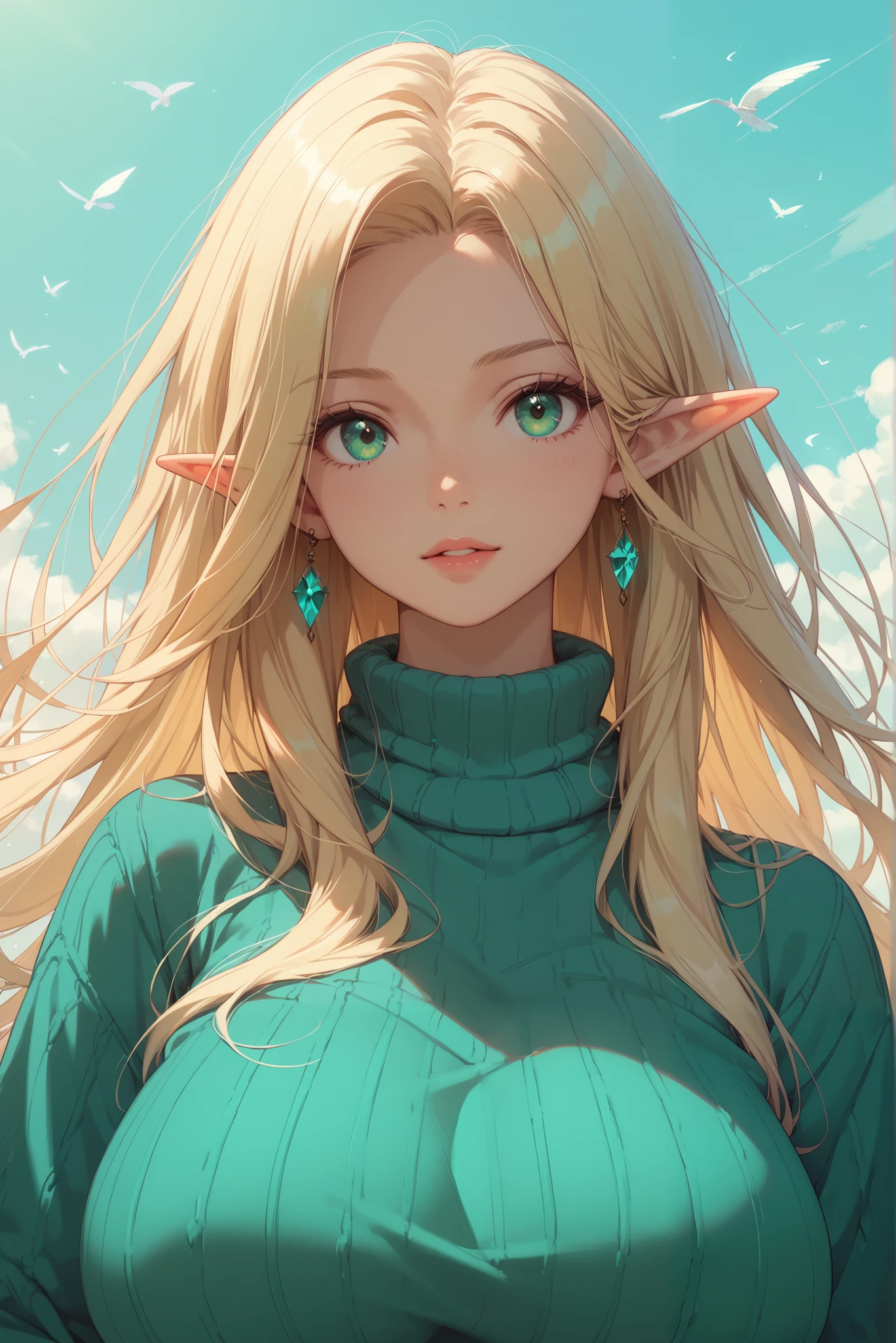 score_9, score_8_up, score_7_up, 1girl,solo, upper body,looking at viewer, white background, voluminous long blonde hair, elf, woman, gigantic breasts, sweater, mint green eyes, masterpiece, best quality, amazing quality, very aesthetic, high resolution, ultra-detailed, absurdres,