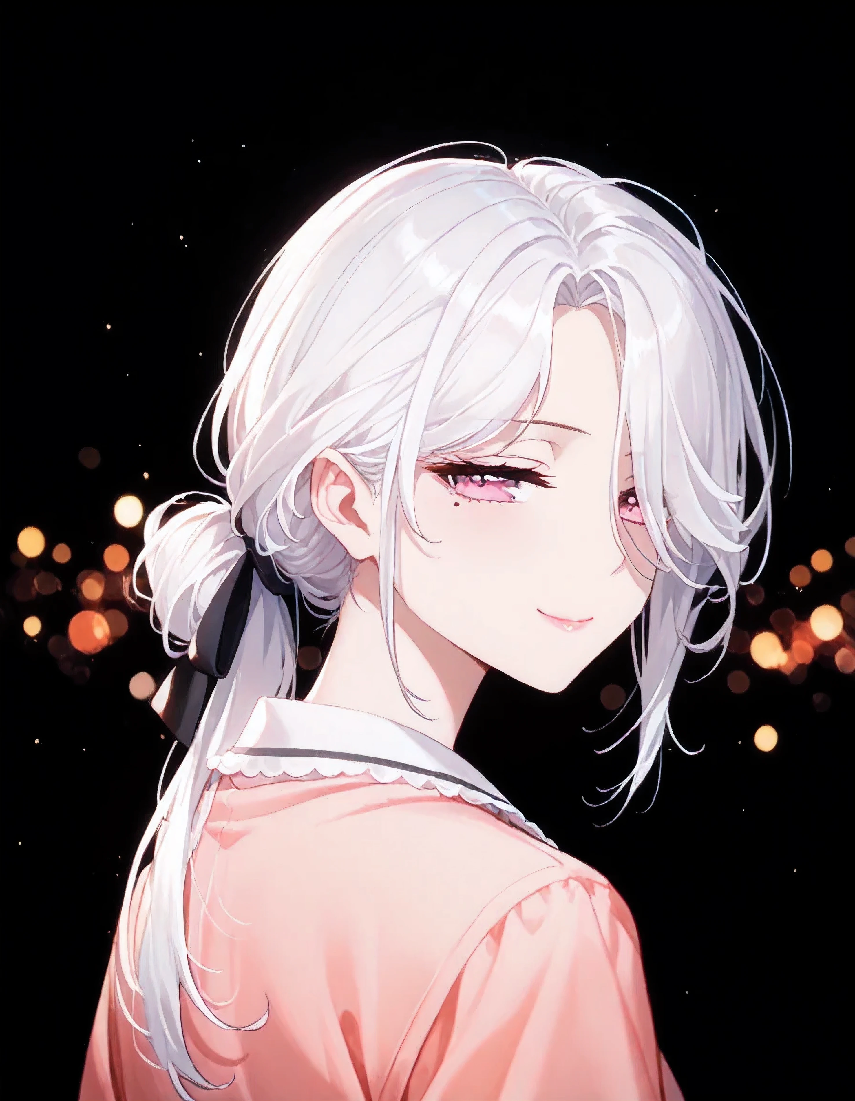 UN\(EOE\),one girl,solo,best quality, masterpiece, ,,break,1girl,(Big Dipper,standing,pink bokeh bakcground,from behind,looking back),break, incredibly_absurdres, ,very high resolution, very aesthetic,by famous artist, 8k, 16k,,beauty illustration,photoshop_(small),,(pink eyes:1.2,half-closed eyes),(white hair|Detailed hair|long hair|shiny hair|curtained hair|sidelocks|hair covered ears|hair over shoulder|tied hair),(black velvet,pajamas),POV,(sleepy, depressed,smile,jitome),dilated pupils, empty eyes,one mole under eye,tareme,hair strand, hair over one eye,evil smile, naughty face,pink lips,()